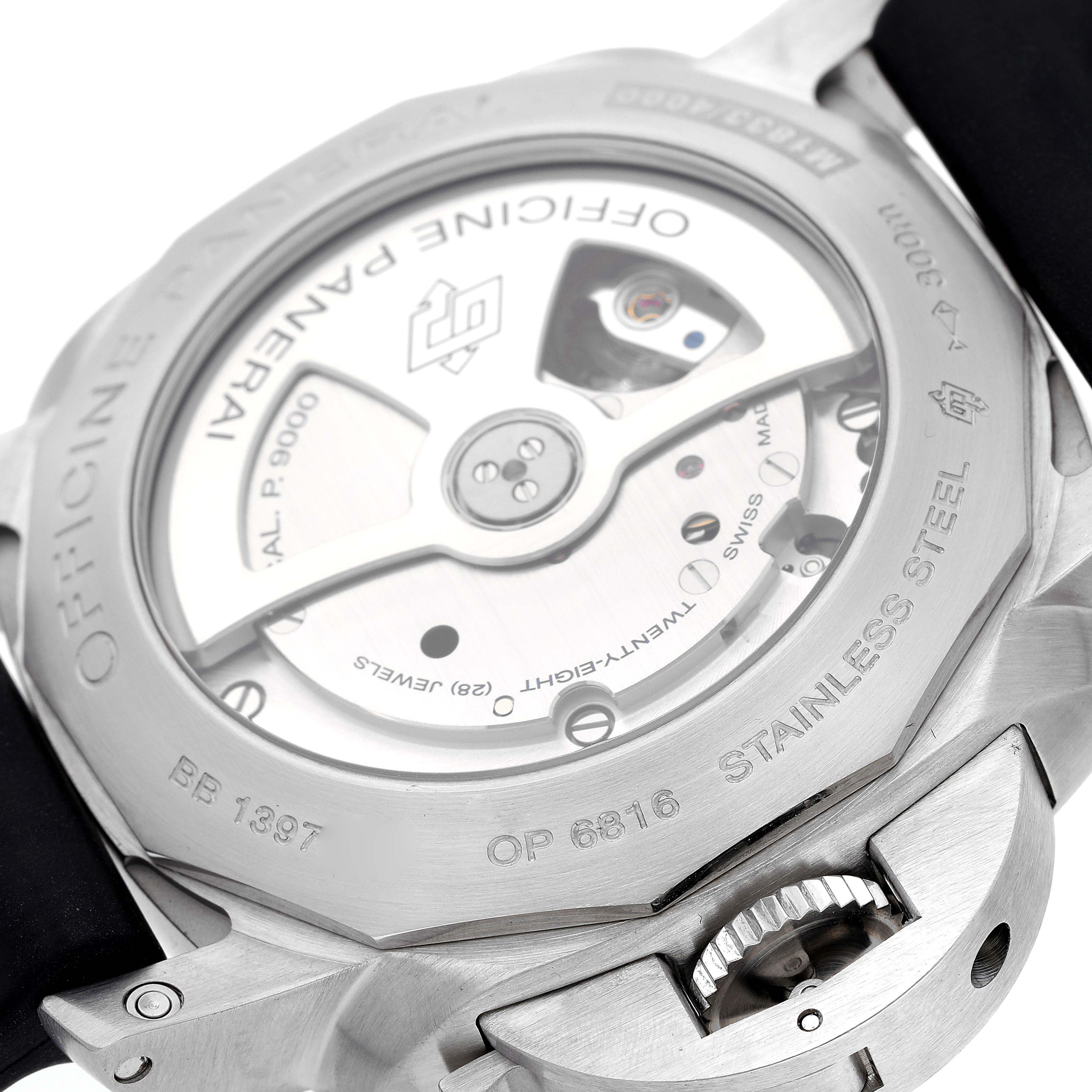 This image shows the back case of a Panerai Luminor PAM00312 Men's Stainless Steel Black Dial PAM00312 Men's Stainless Steel Black Dial watch, highlighting its stainless steel construction and internal mechanism.