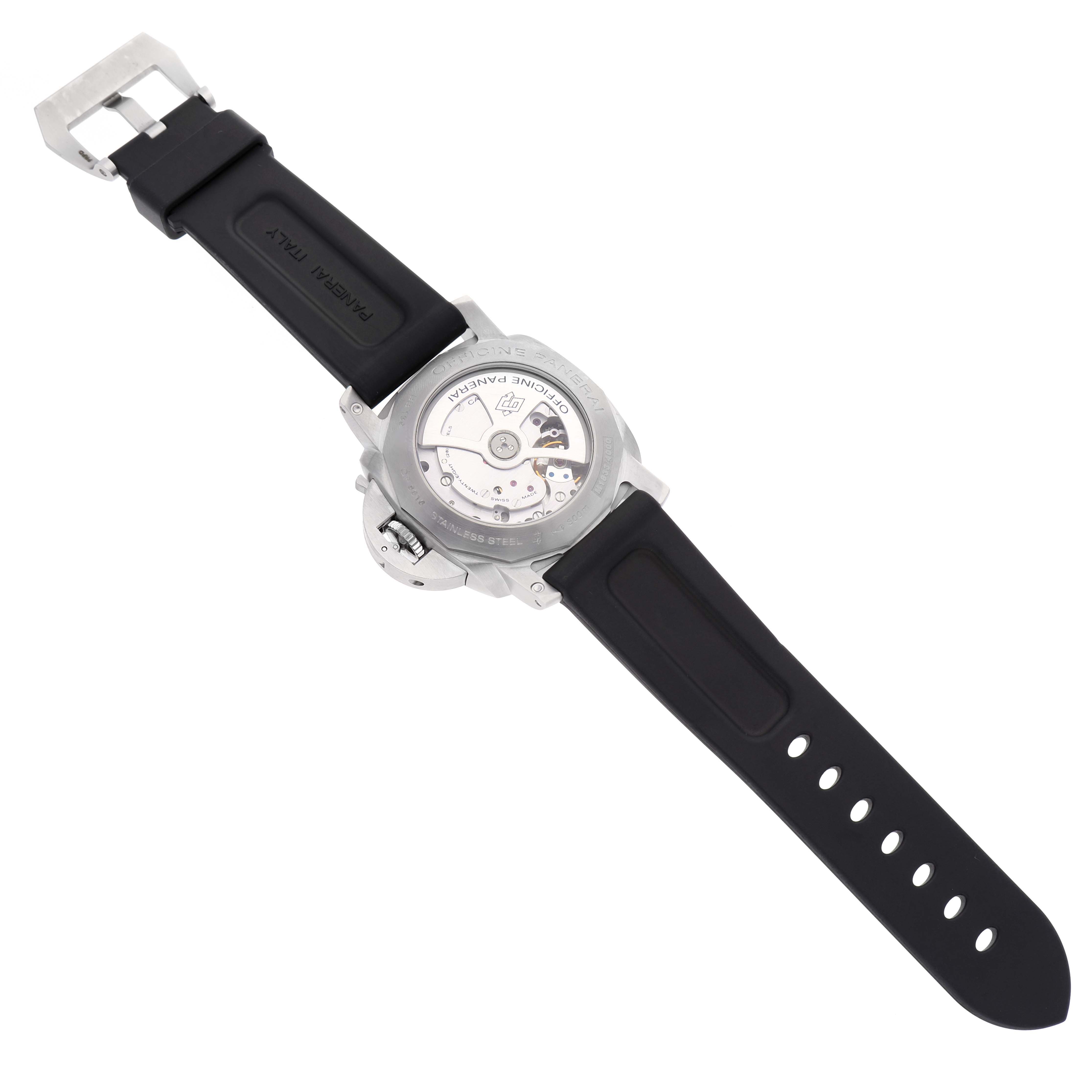 The image shows the back view of a Panerai Luminor PAM00312 Men's Stainless Steel Black Dial PAM00312 Men's Stainless Steel Black Dial watch with an exposed case back and black strap.