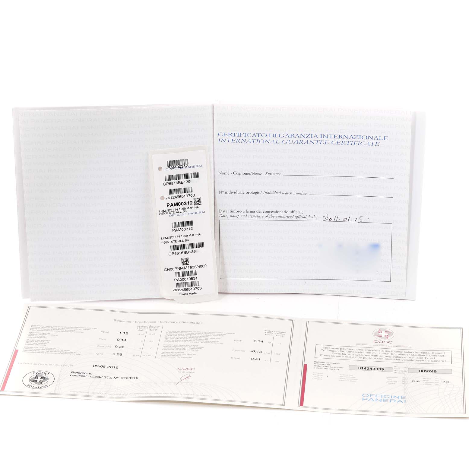 This image shows the Panerai Luminor PAM00312 Men's Stainless Steel Black Dial PAM00312 Men's Stainless Steel Black Dial model's warranty and certification documents laid flat.