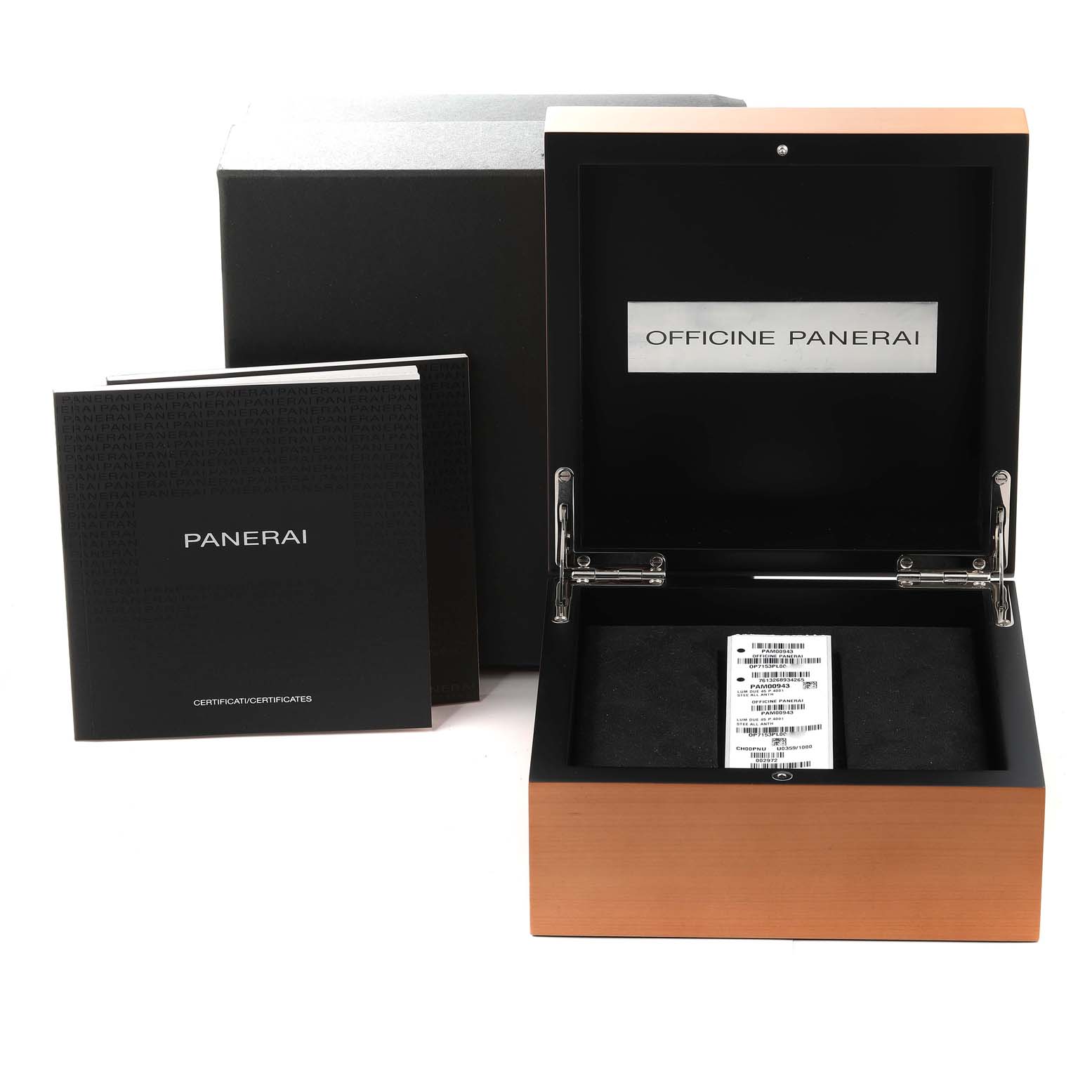 The image shows the packaging and accessories for a Panerai Luminor PAM00943 Men's Stainless Steel Grey Dial PAM00943 Men's Stainless Steel Grey Dial watch, including the open watch box and certificates.