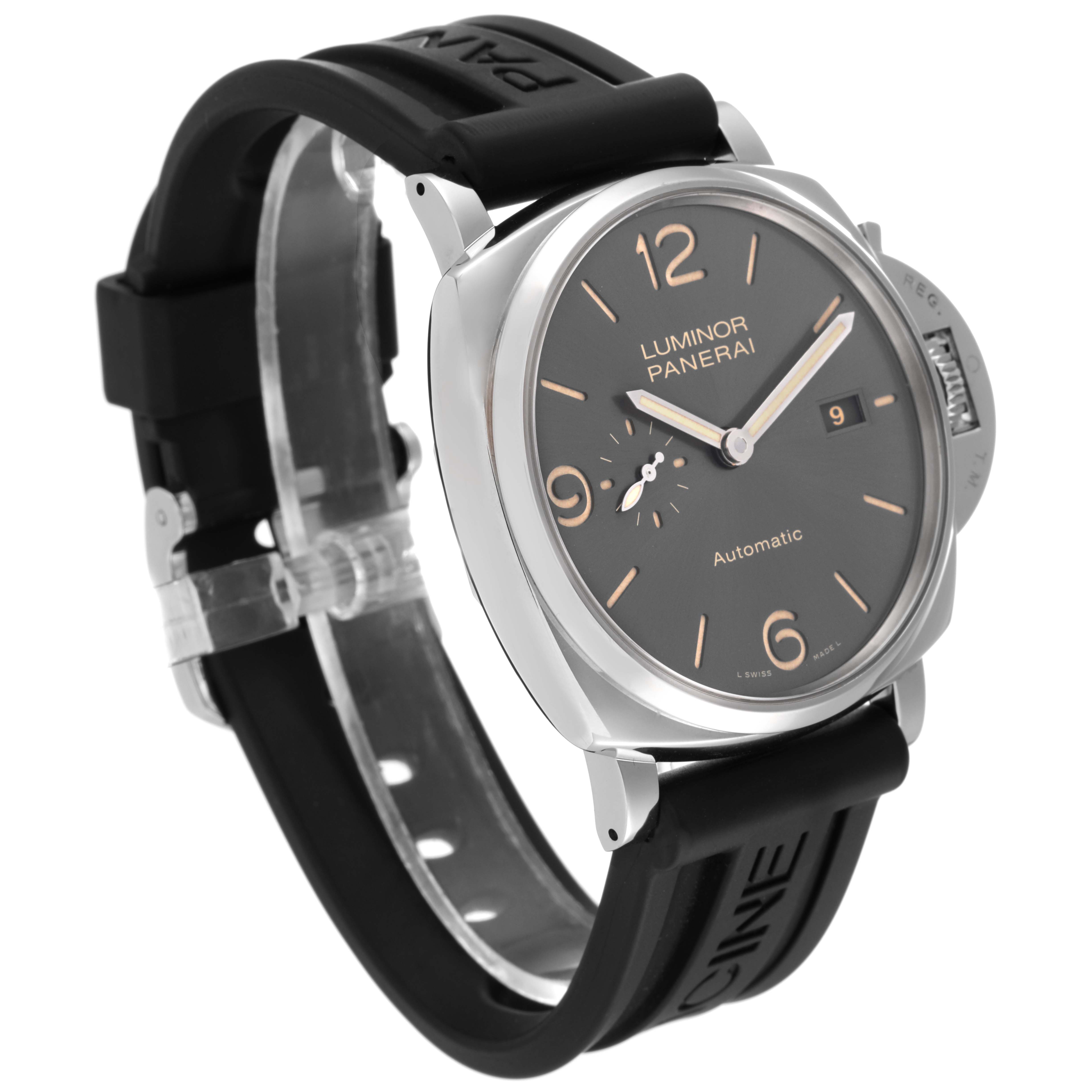 The image shows a Panerai Luminor PAM00943 Men's Stainless Steel Grey Dial PAM00943 Men's Stainless Steel Grey Dial watch from a three-quarter front angle, displaying the dial, case, and black strap.