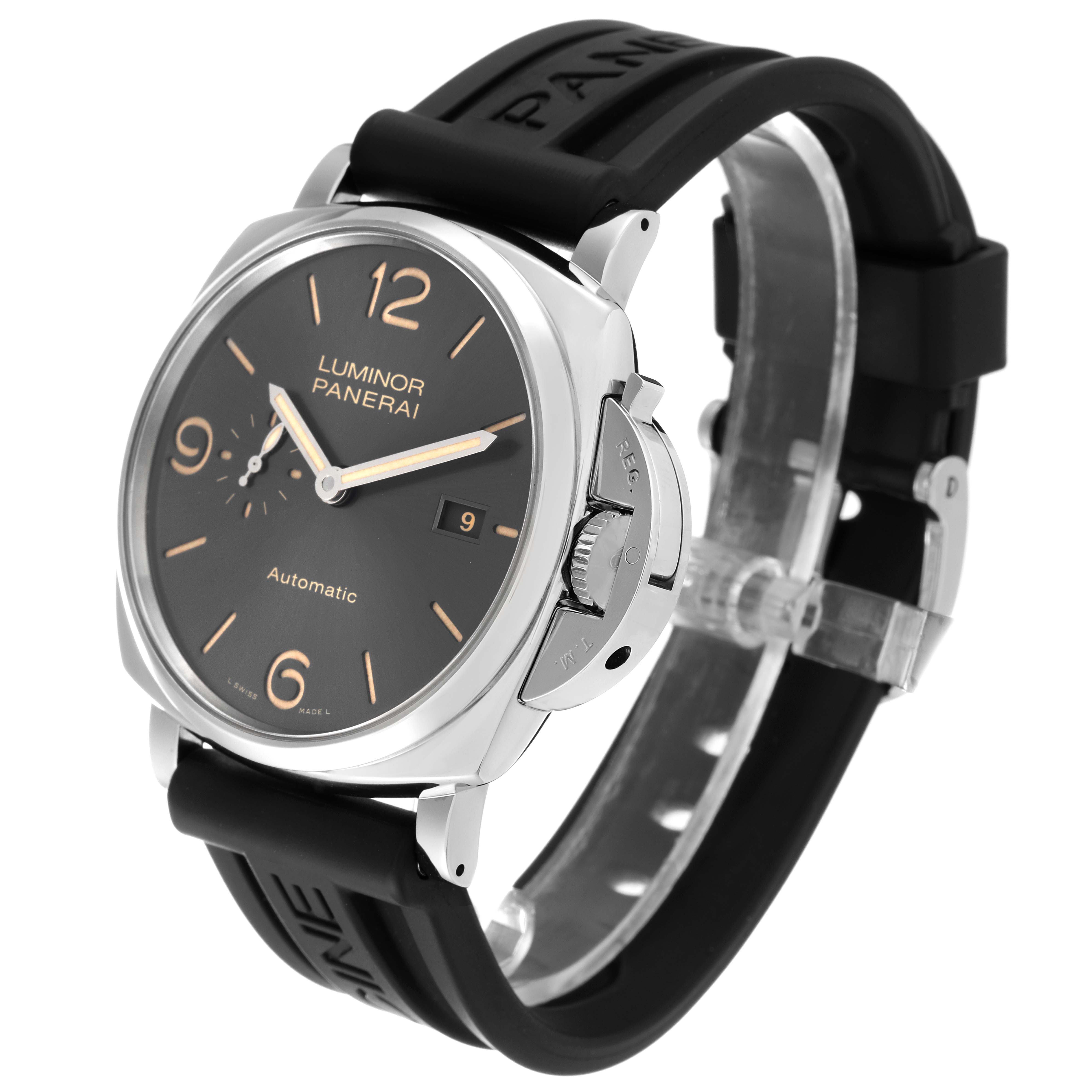 The image shows a Panerai Luminor PAM00943 Men's Stainless Steel Grey Dial PAM00943 Men's Stainless Steel Grey Dial model watch at a three-quarter angle displaying the face, case, crown guard, and black rubber strap.