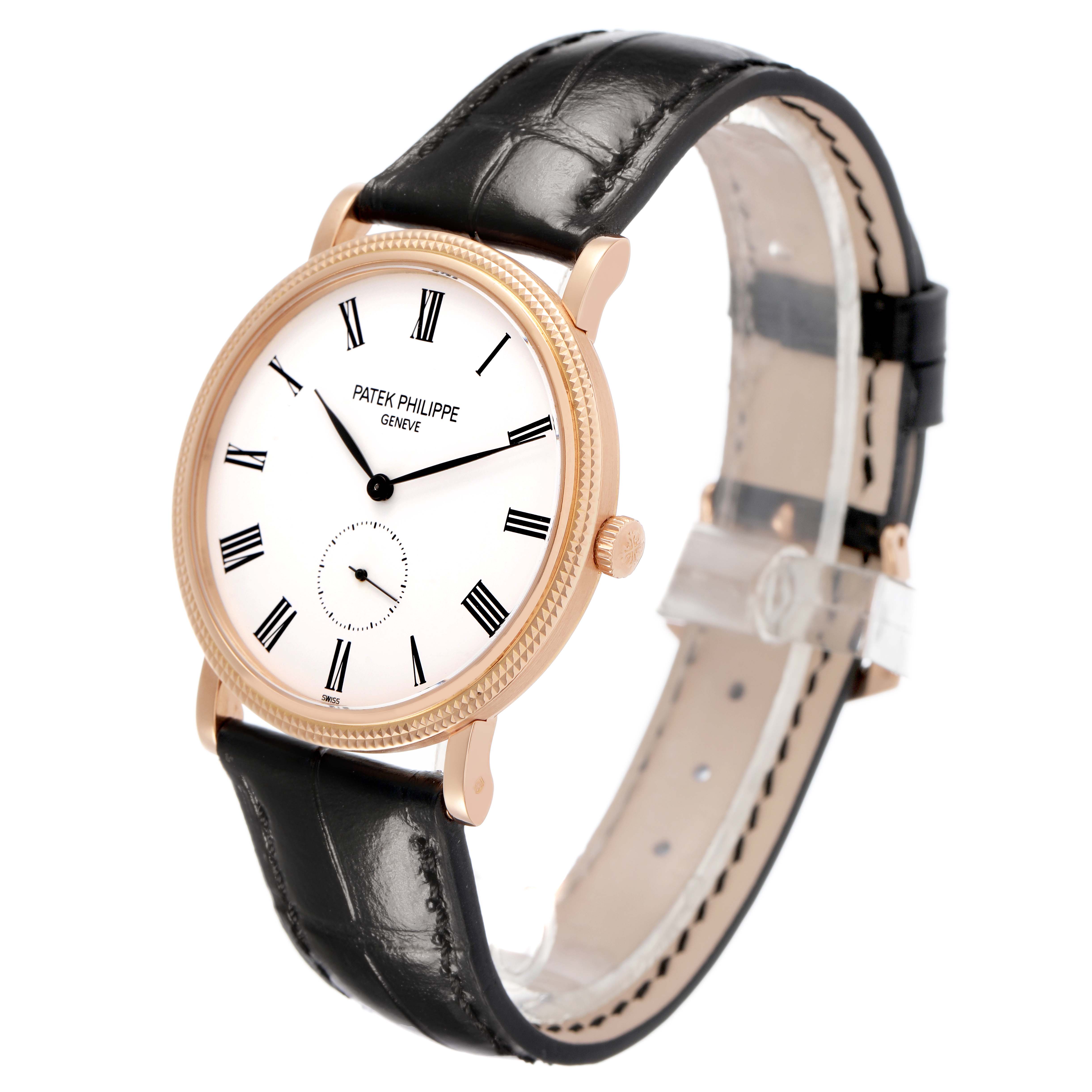 The Patek Philippe Calatrava 5119R Men's Rose Gold White Dial watch is shown at a slight angle displaying the face, case, crown, and black leather strap.