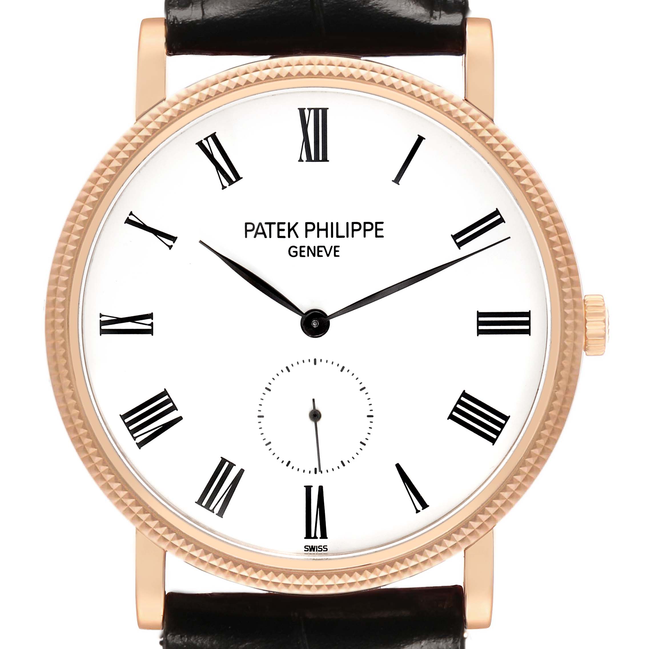 The image shows a front view of the Patek Philippe Calatrava 5119R Men's Rose Gold White Dial watch, highlighting its dial, Roman numerals, and crown details.