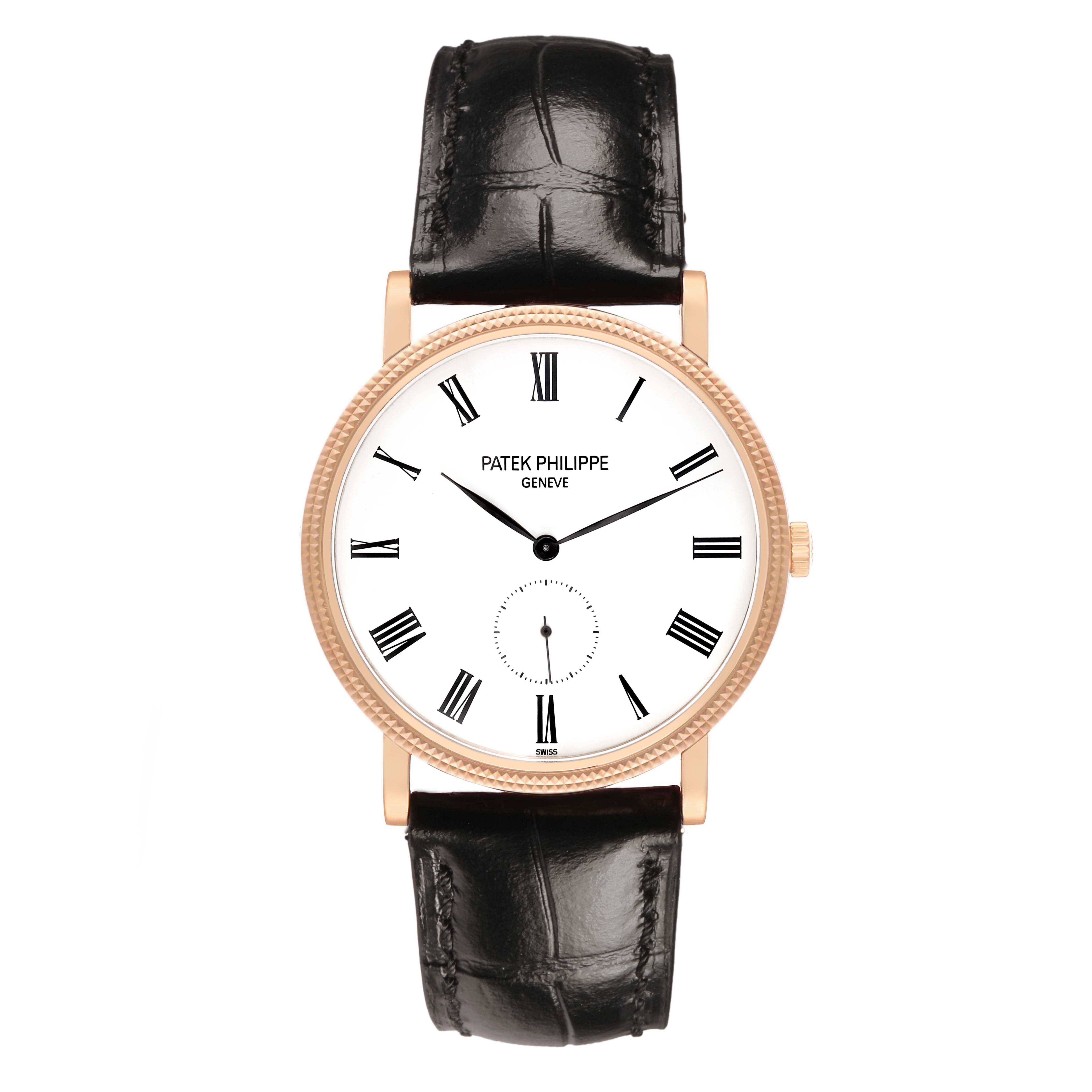 The Patek Philippe Calatrava 5119R Men's Rose Gold White Dial watch is shown from a top-down angle, highlighting its dial, case, and leather strap.