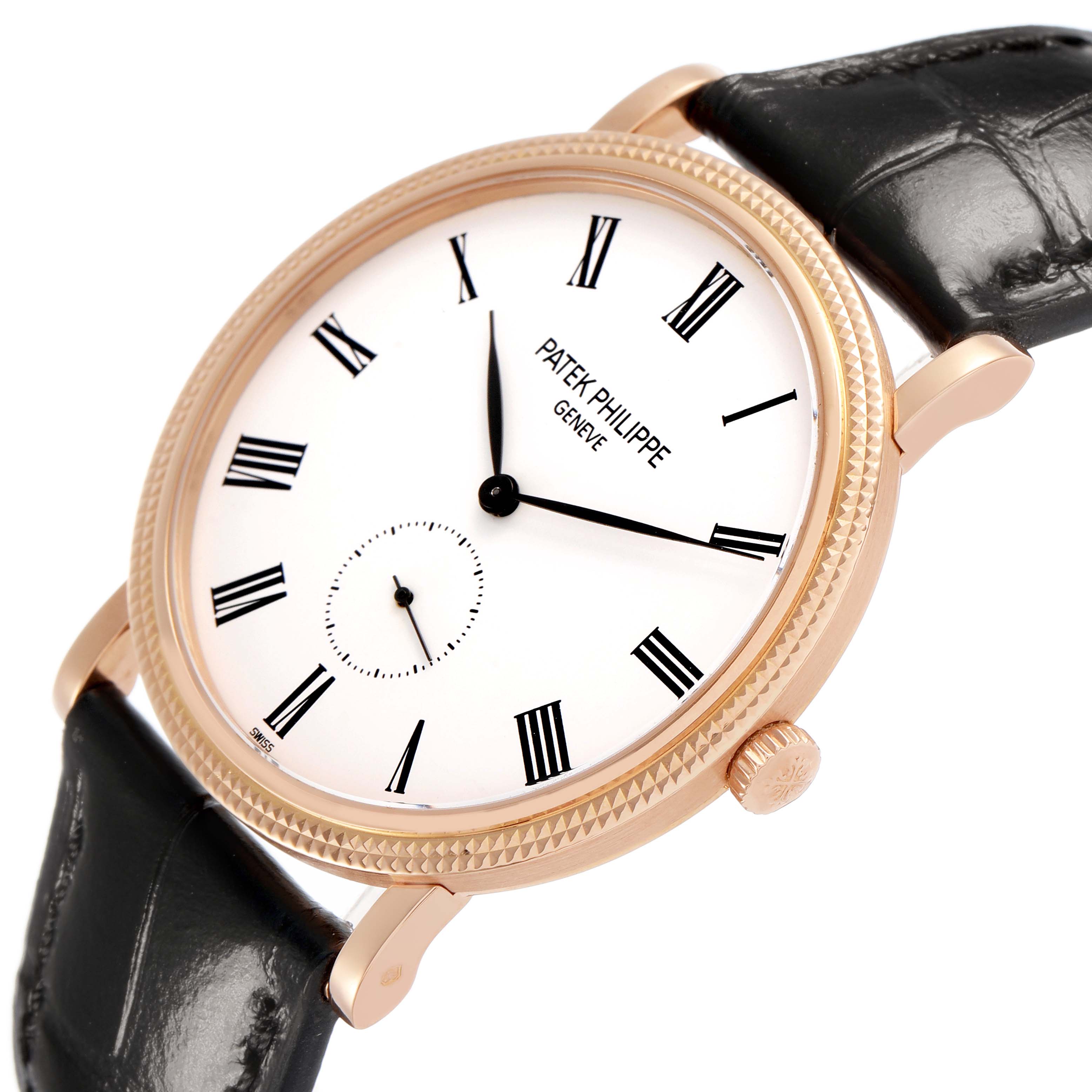 The Patek Philippe Calatrava 5119R Men's Rose Gold White Dial watch is shown at an angle highlighting its face, Roman numerals, hands, crown, and black strap.