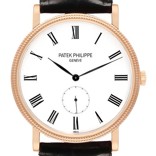 The Patek Philippe Calatrava 5119R Men's Rose Gold White Dial watch is shown from the front, highlighting its dial, hands, bezel, and strap.