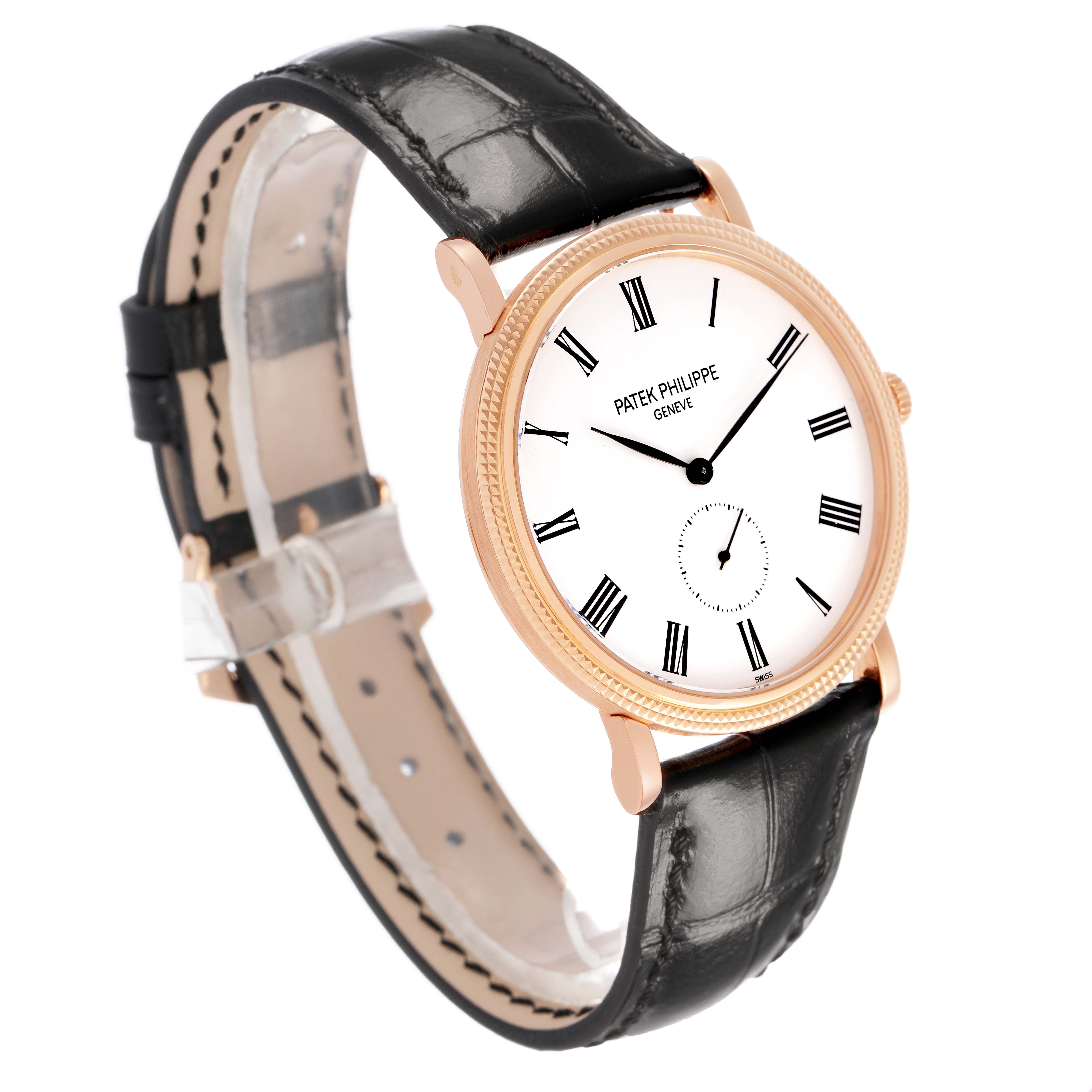 The Patek Philippe Calatrava 5119R Men's Rose Gold White Dial watch is shown at a front angle, highlighting its round face, black leather strap, and gold casing.