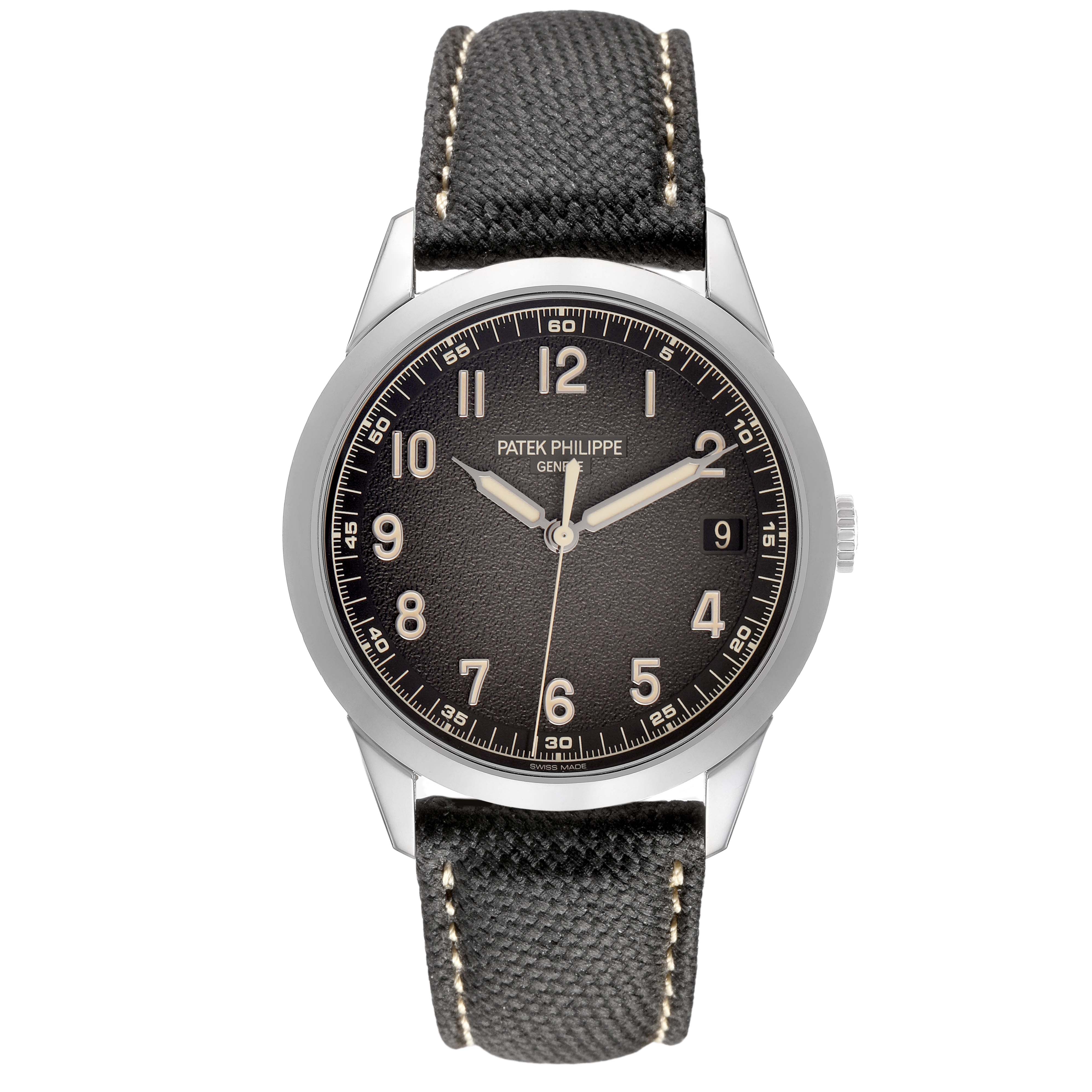 The image shows a frontal view of the Patek Philippe Calatrava 5226G Men's White Gold Grey Dial watch, highlighting the dial, case, and strap.