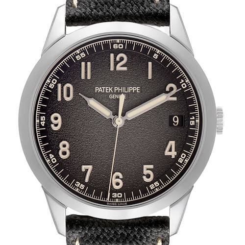 The Patek Philippe Calatrava 5226G Men's White Gold Grey Dial watch is shown from a front angle, displaying the dial, hands, numerals, and date window.