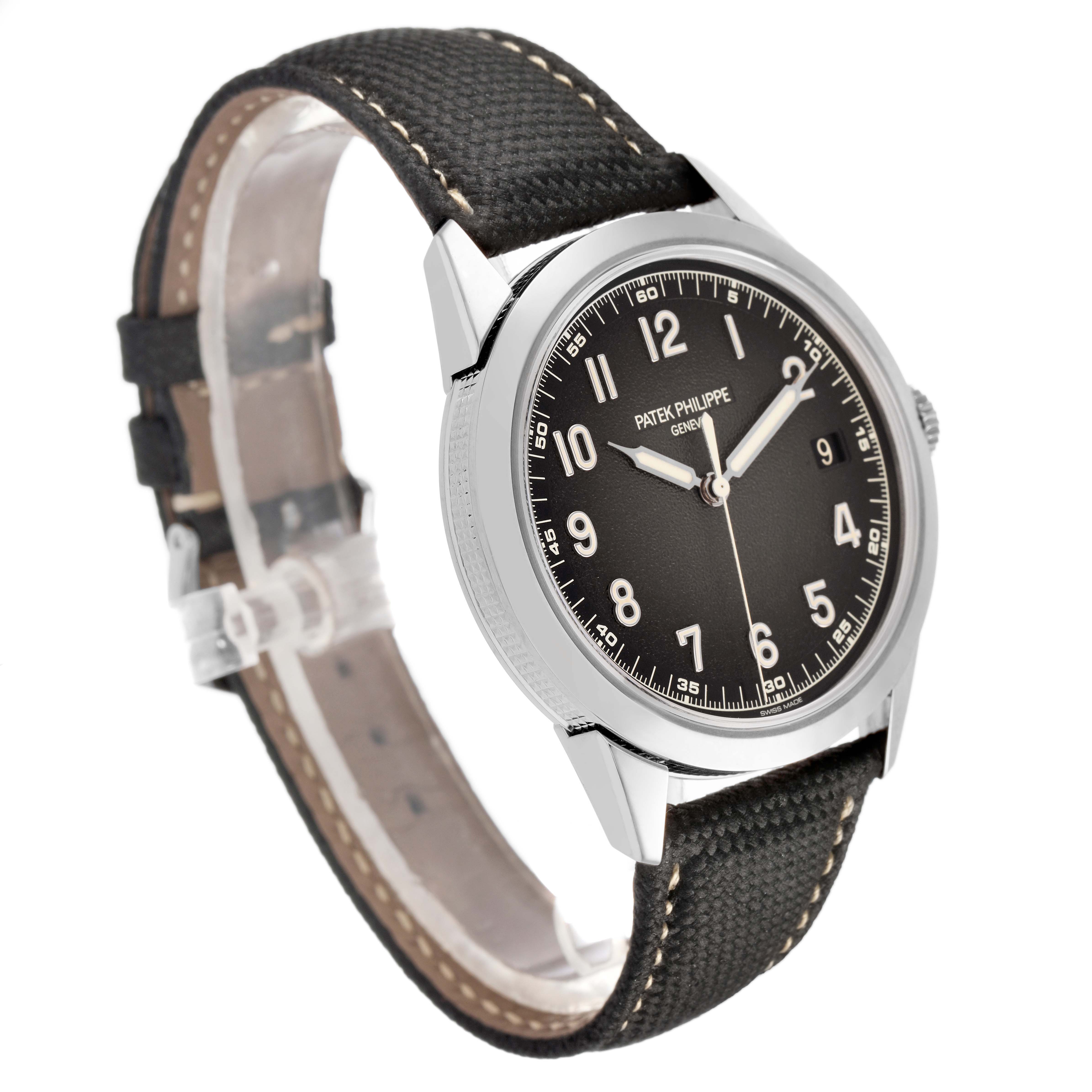 The Patek Philippe Calatrava 5226G Men's White Gold Grey Dial watch is shown at an angled side view, displaying the face, numerals, and black strap.