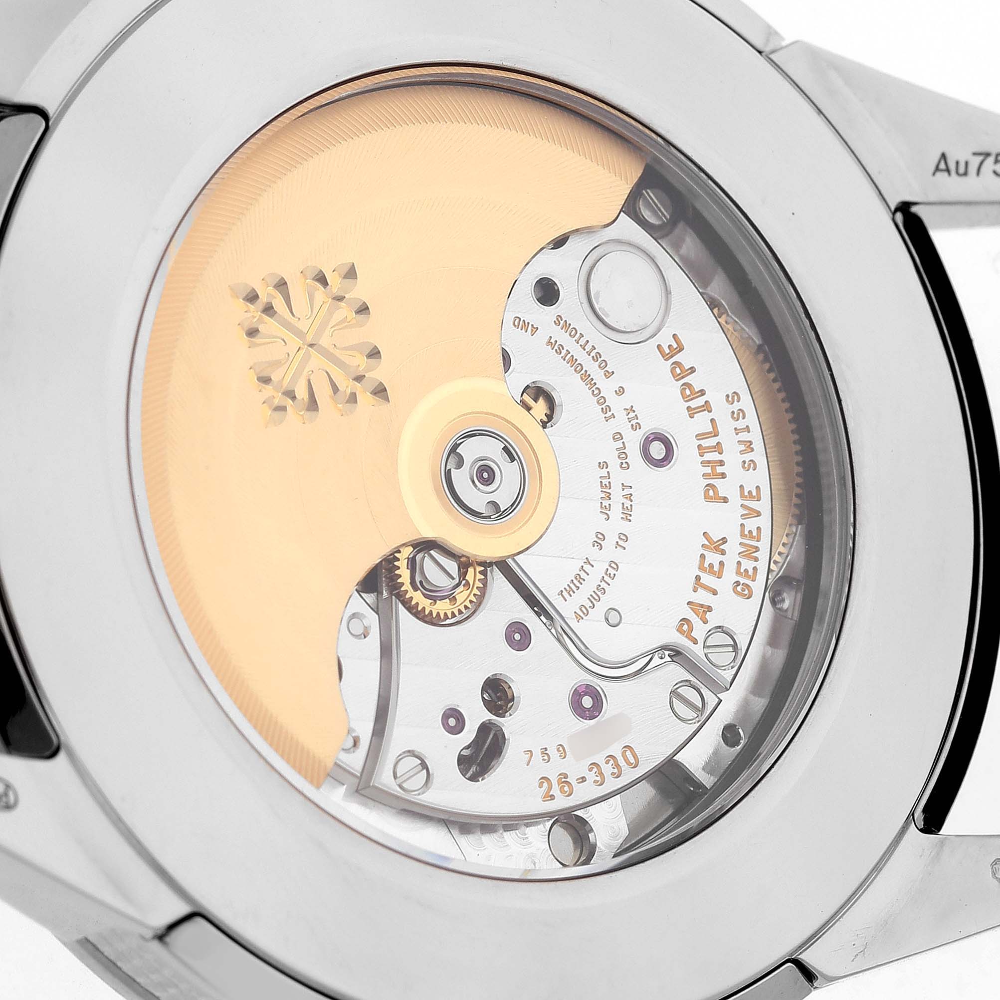 The image shows the back view of a Patek Philippe Calatrava 5226G Men's White Gold Grey Dial, highlighting the movement and rotor inside the case.