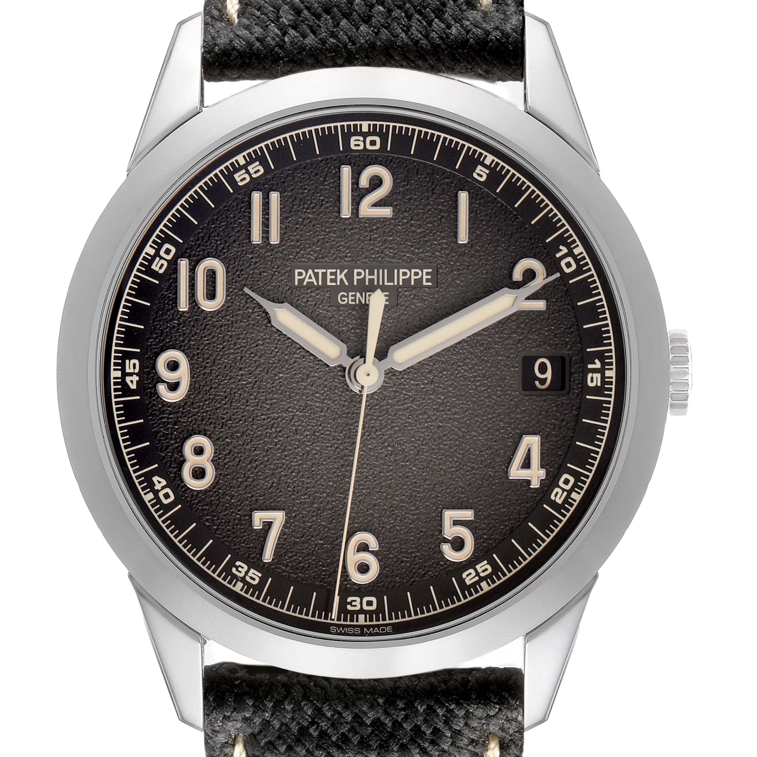 The Patek Philippe Calatrava 5226G Men's White Gold Grey Dial watch is shown from a front angle, highlighting the dial, hands, and numerals.