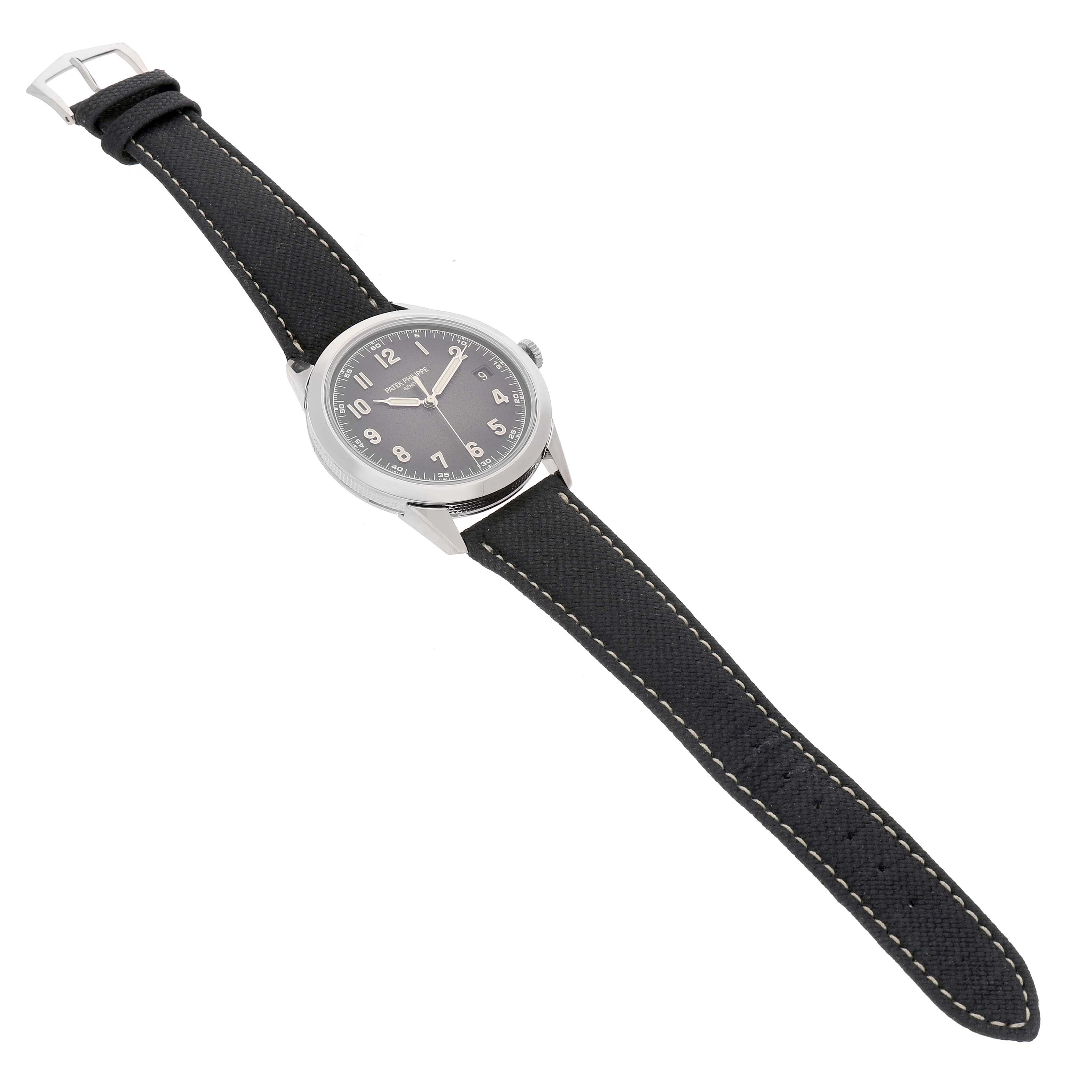 The Patek Philippe Calatrava 5226G Men's White Gold Grey Dial watch is shown from a top-down angle, displaying the entire face, case, and strap with clear stitching.