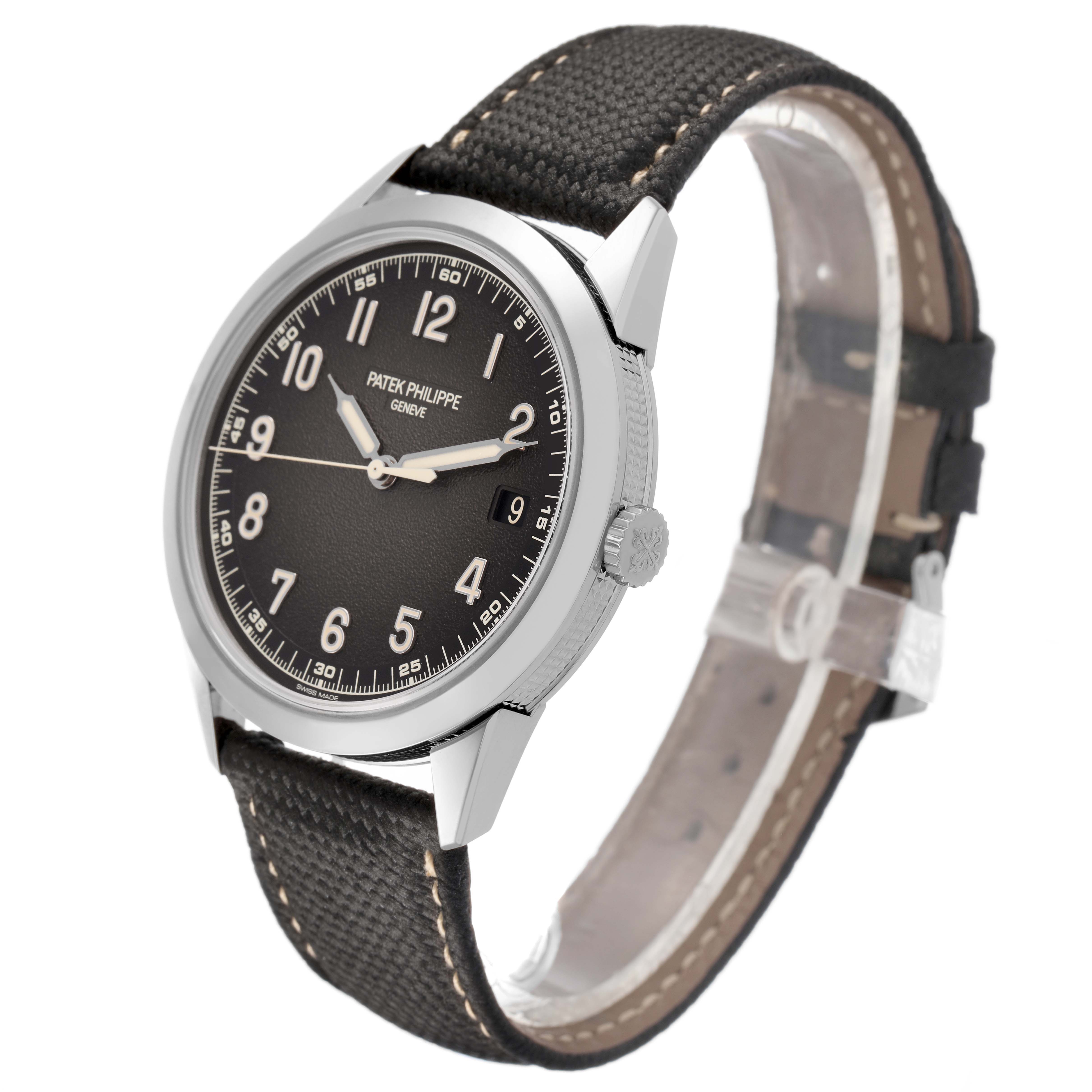 The Patek Philippe Calatrava 5226G Men's White Gold Grey Dial is shown at an angled side view, displaying the watch face, crown, and strap.