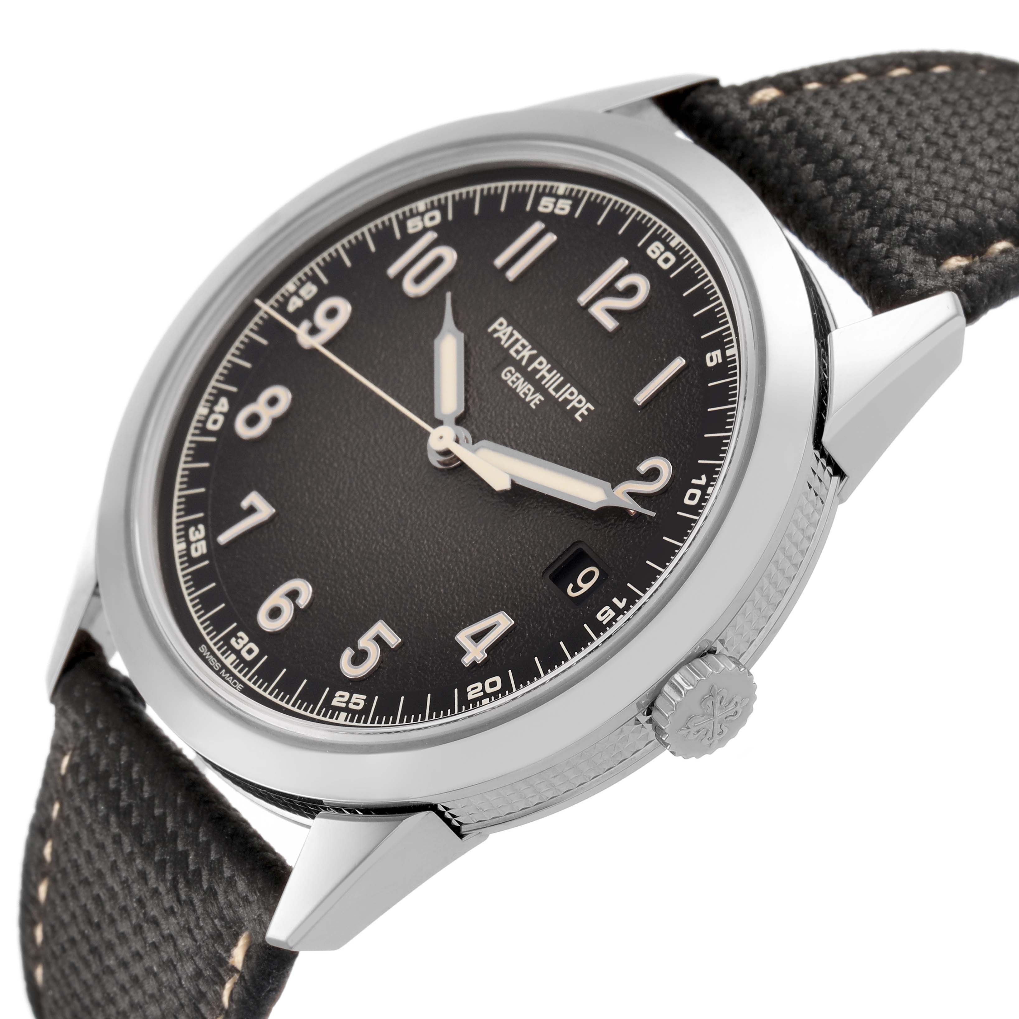 The image shows a Patek Philippe Calatrava 5226G Men's White Gold Grey Dial watch at a three-quarter angle, highlighting the dial, case, crown, and strap.