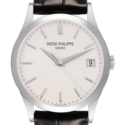The Patek Philippe Calatrava 5296G Men's White Gold Silver Dial watch is shown from a front angle, displaying the dial, hands, indices, date window, and crown.