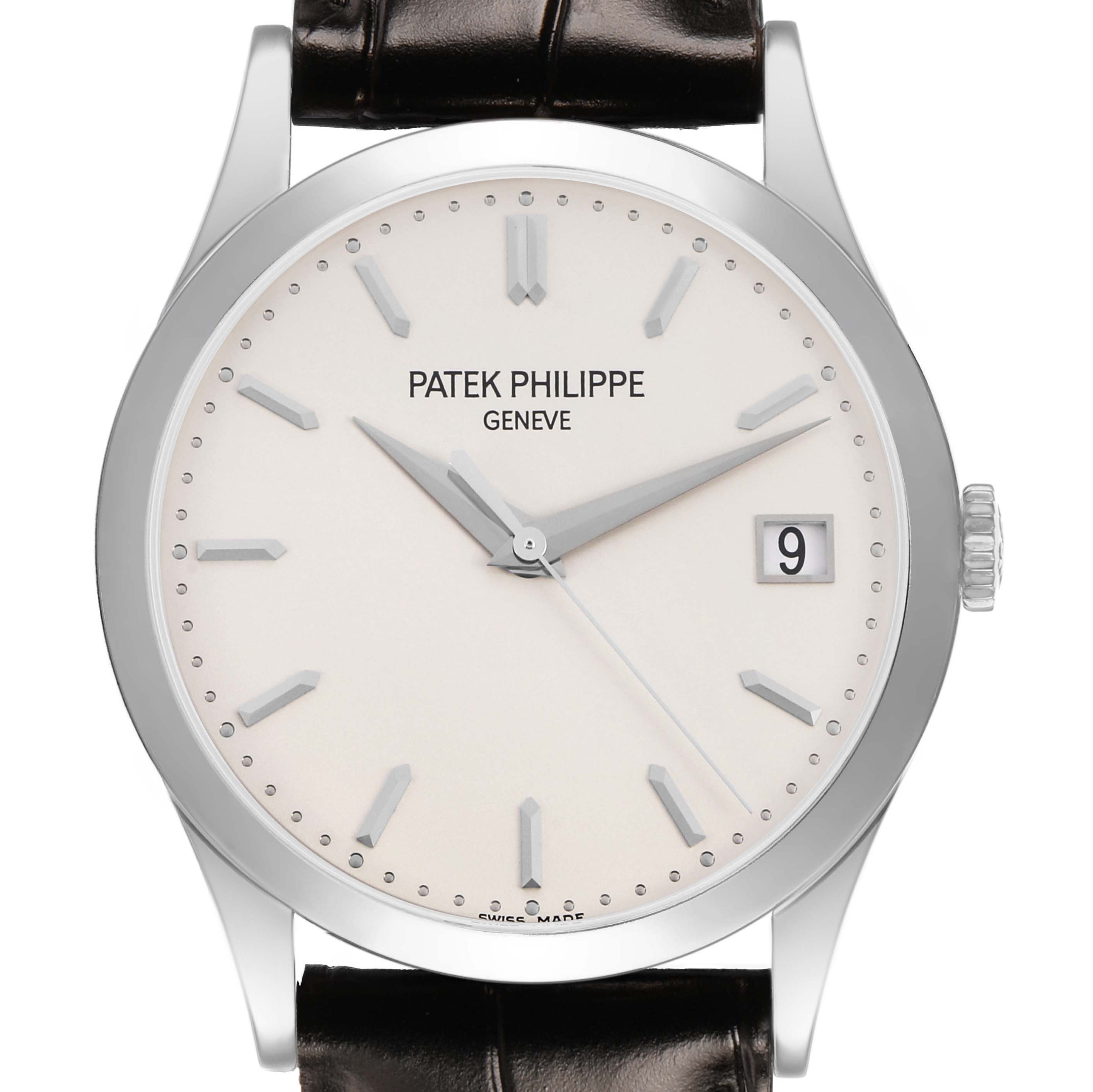 The Patek Philippe Calatrava 5296G Men's White Gold Silver Dial watch is shown from the front, highlighting its face, hands, and leather strap.