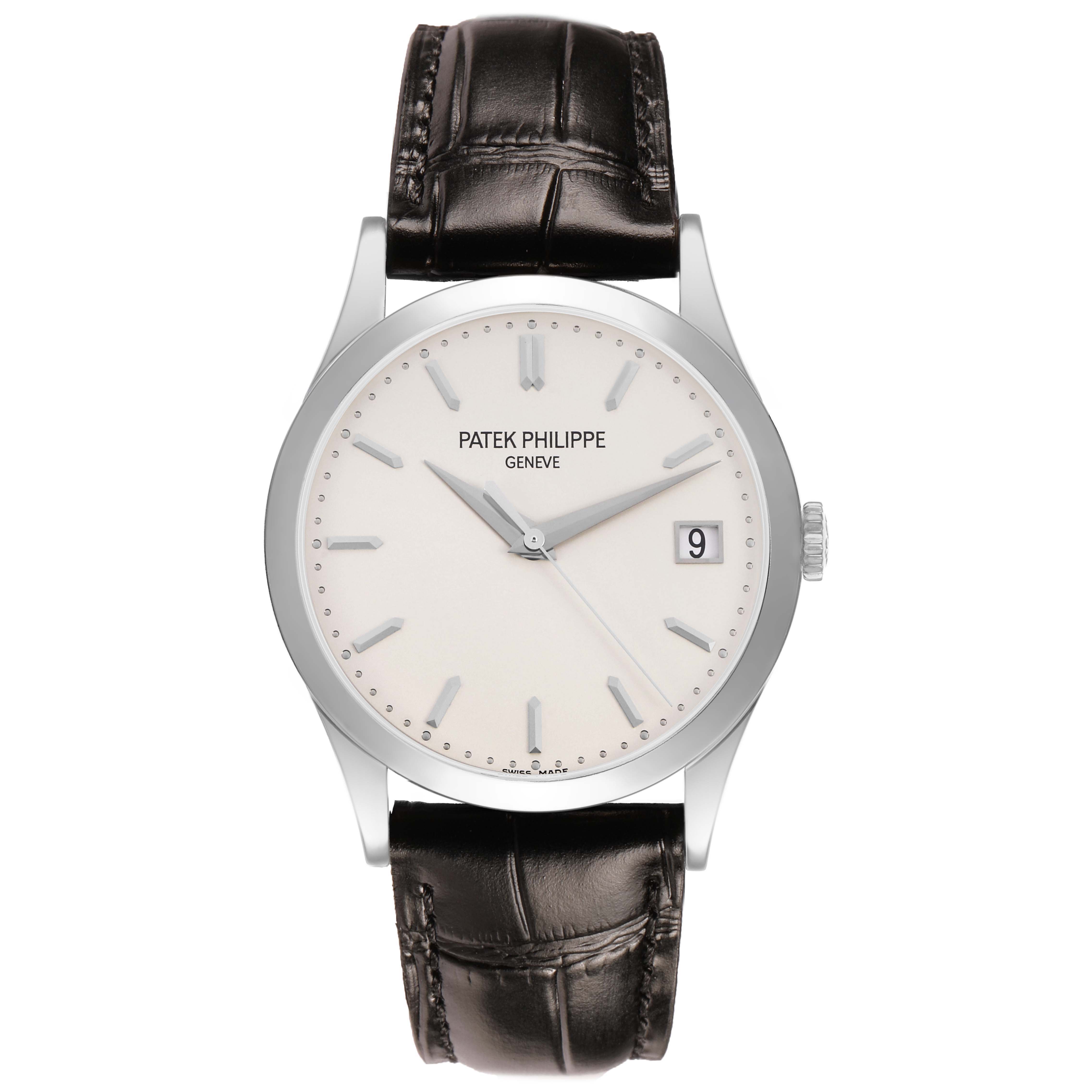The Patek Philippe Calatrava 5296G Men's White Gold Silver Dial watch is shown from a frontal view, displaying the dial, hands, crown, and leather strap.