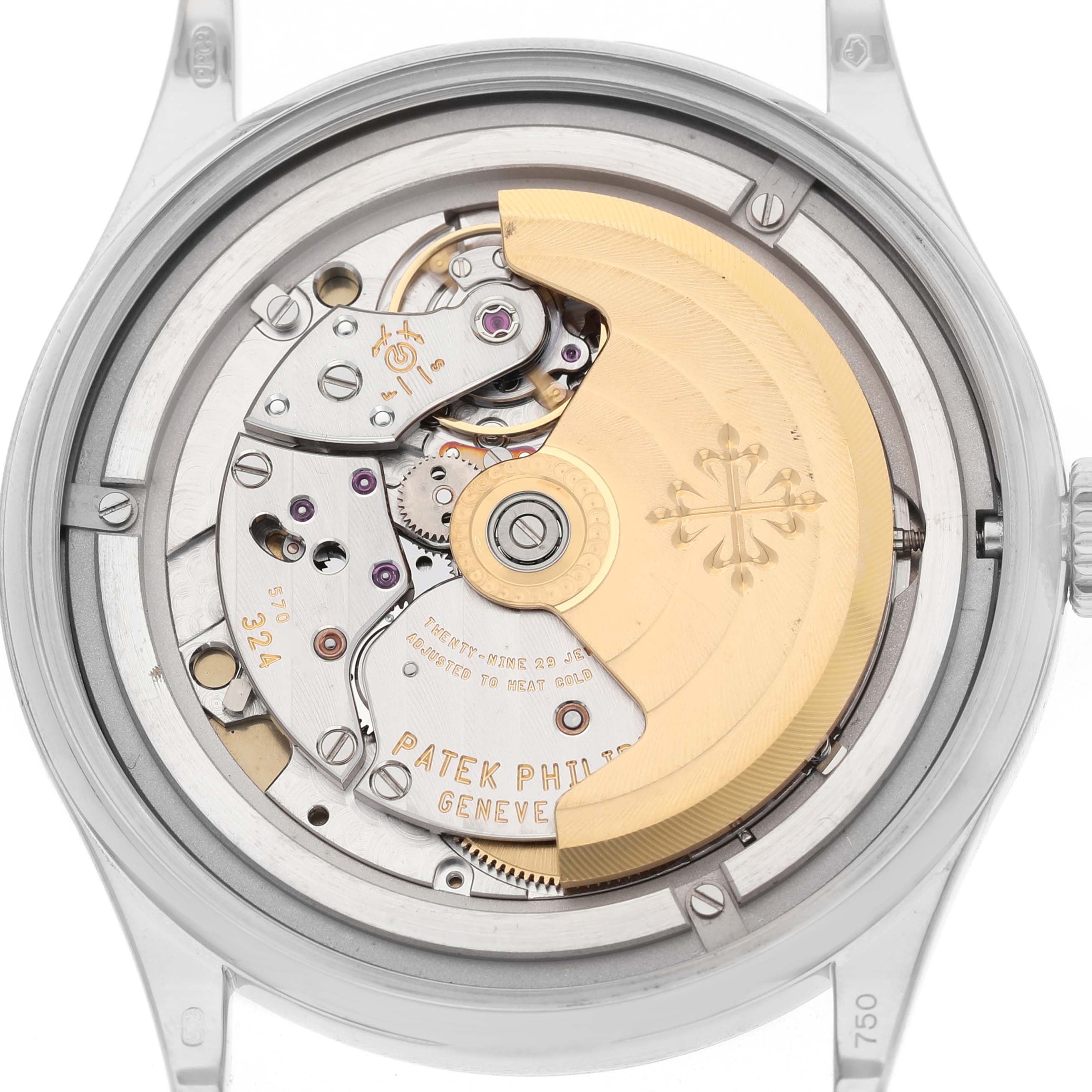 The image shows the back view of the Patek Philippe Calatrava 5296G Men's White Gold Silver Dial, highlighting its intricate movement and rotor.