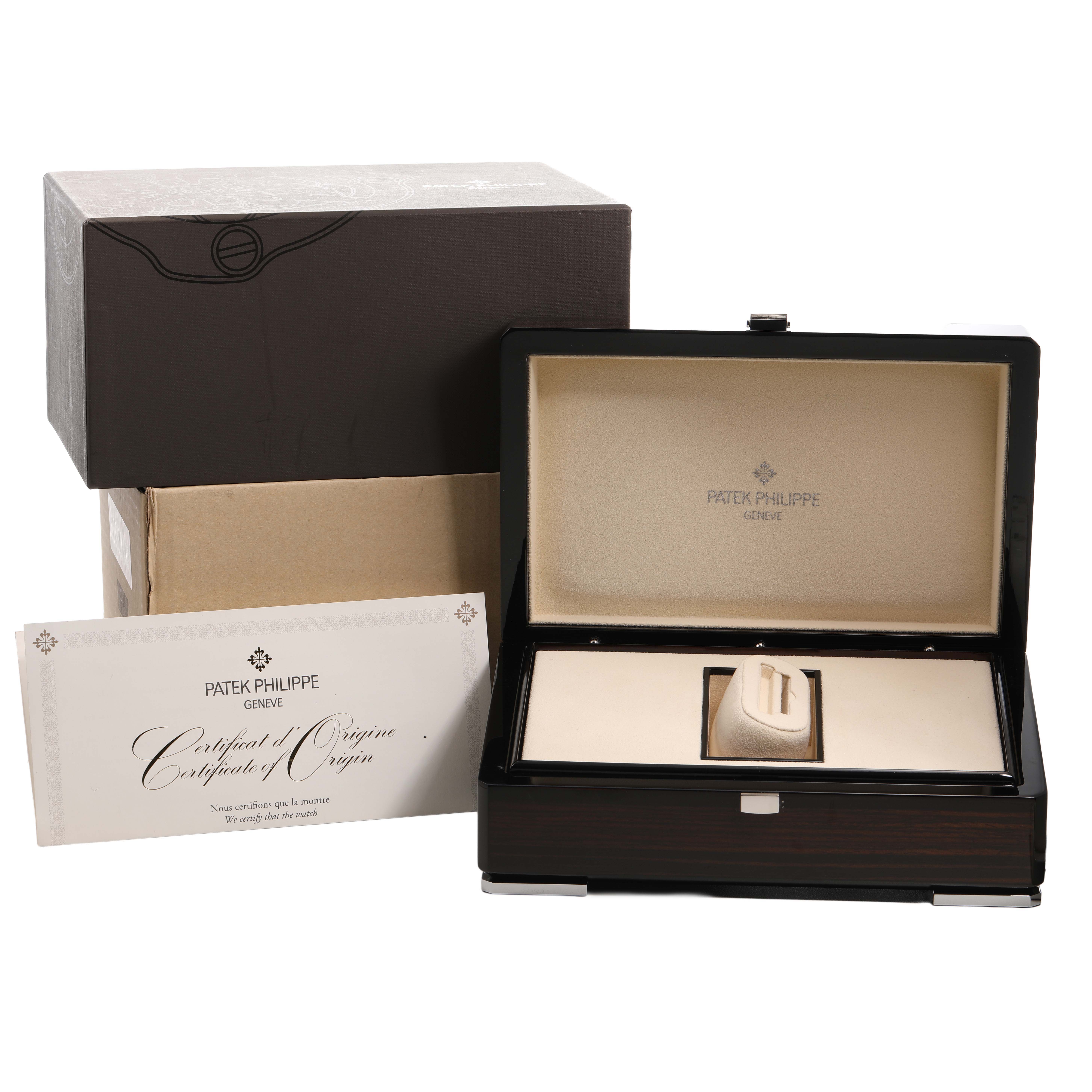 The image shows the packaging, case, and certificate for a Patek Philippe Complications 5396G Men's White Gold Silver Dial model, viewed from the front.
