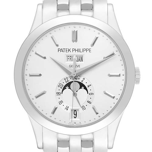 The Patek Philippe Complications 5396G Men's White Gold Silver Dial watch is shown from the front, displaying the dial with day, date, and moon phase indicators.