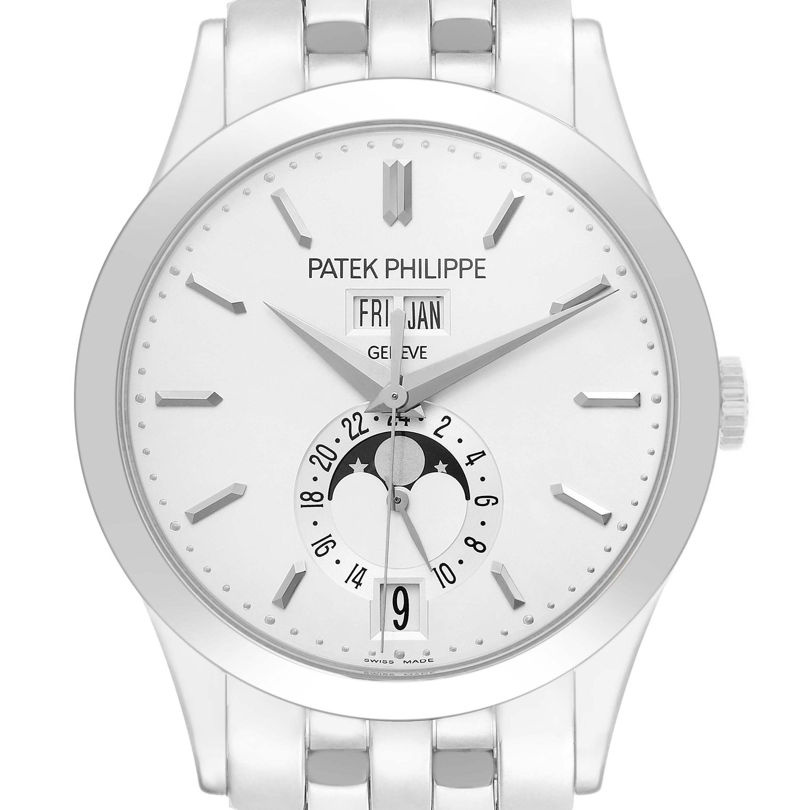 The Patek Philippe Complications 5396G Men's White Gold Silver Dial watch is shown front-facing, highlighting the dial, hands, date, and moon phase features.