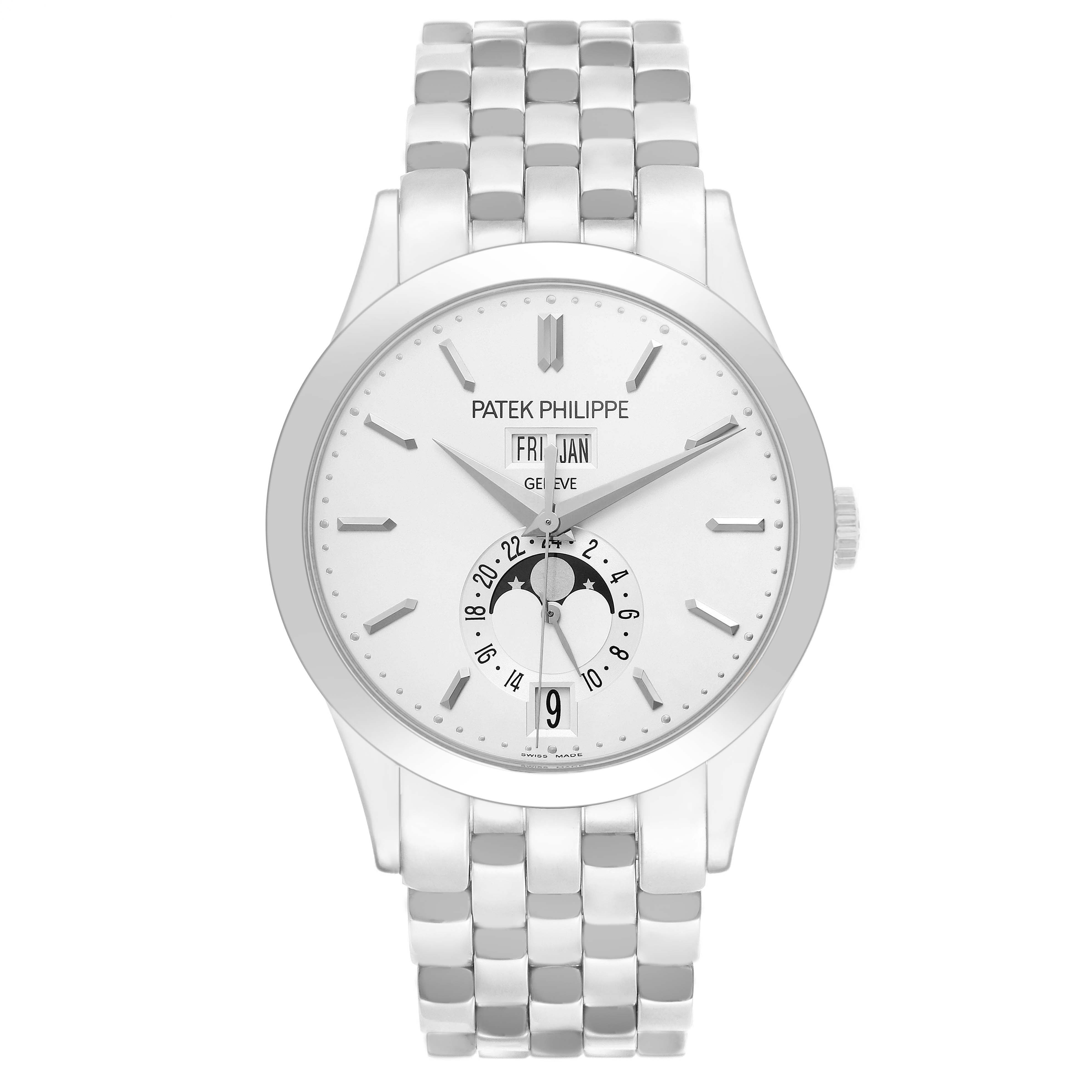 The Patek Philippe Complications 5396G Men's White Gold Silver Dial watch is shown from a front angle, displaying its face and band with a moon phase and date feature.