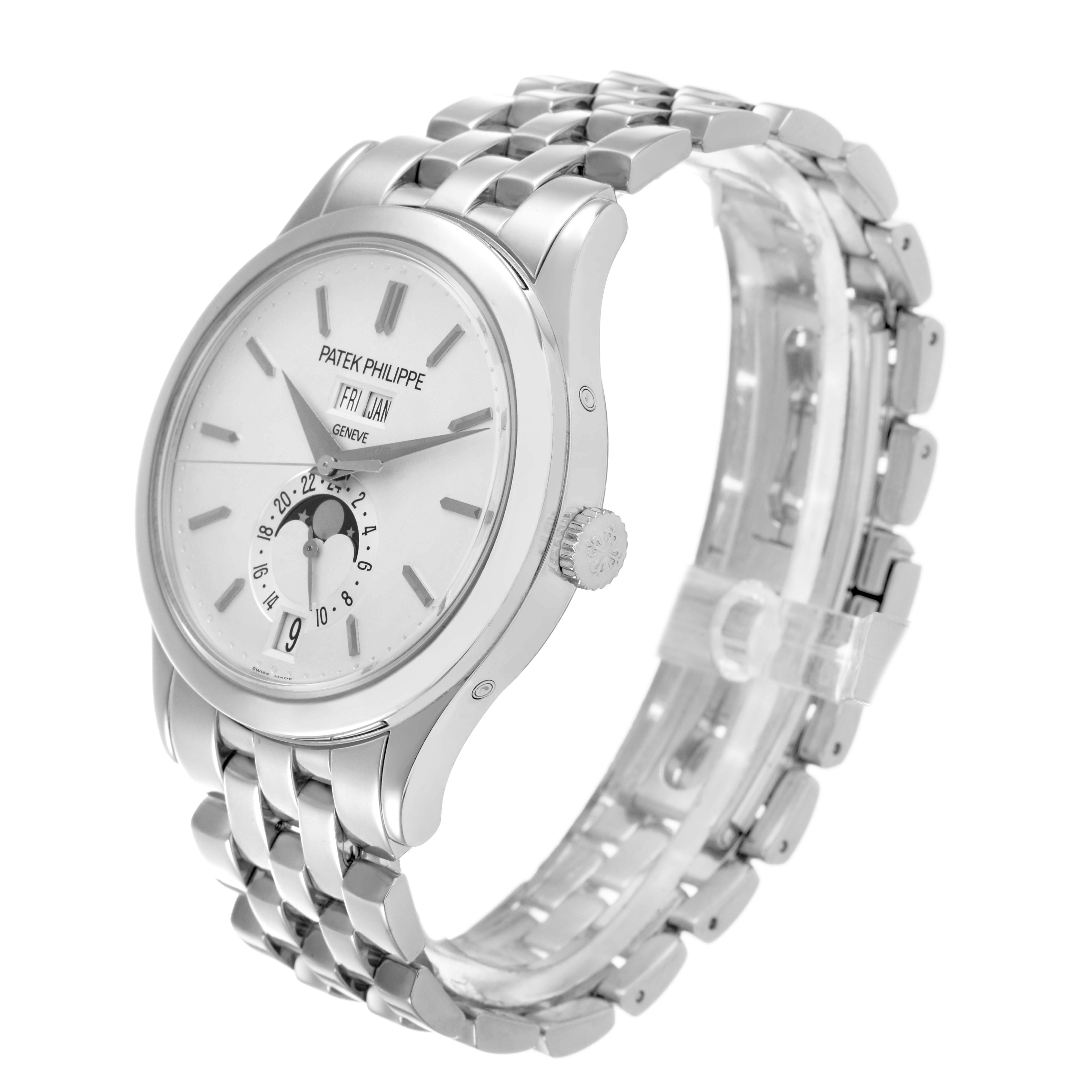 The Patek Philippe Complications 5396G Men's White Gold Silver Dial watch is shown at an angled side view, displaying the dial, crown, and metal bracelet.