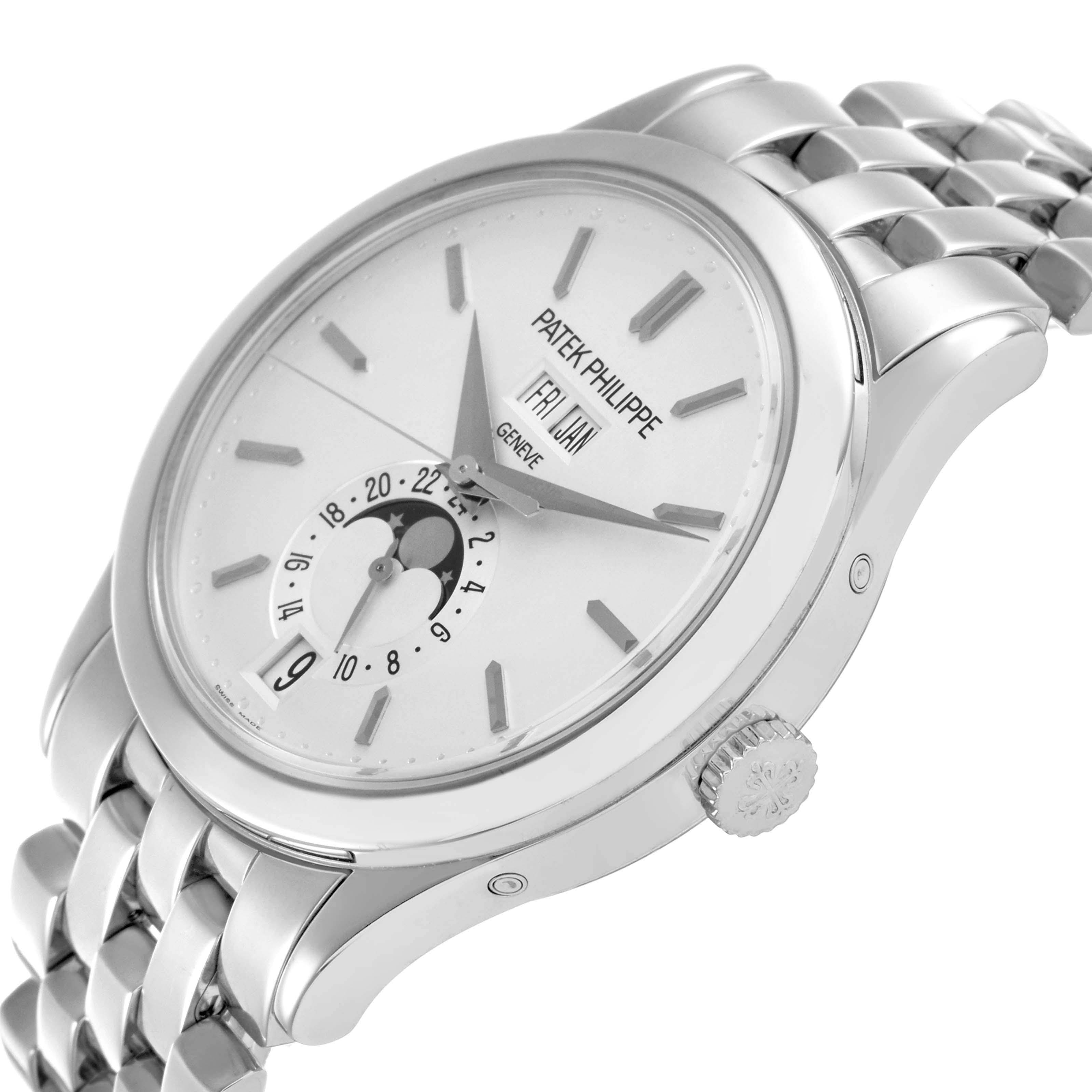 The Patek Philippe Complications 5396G Men's White Gold Silver Dial watch is shown at a three-quarter angle, displaying the dial, crown, and part of the bracelet.
