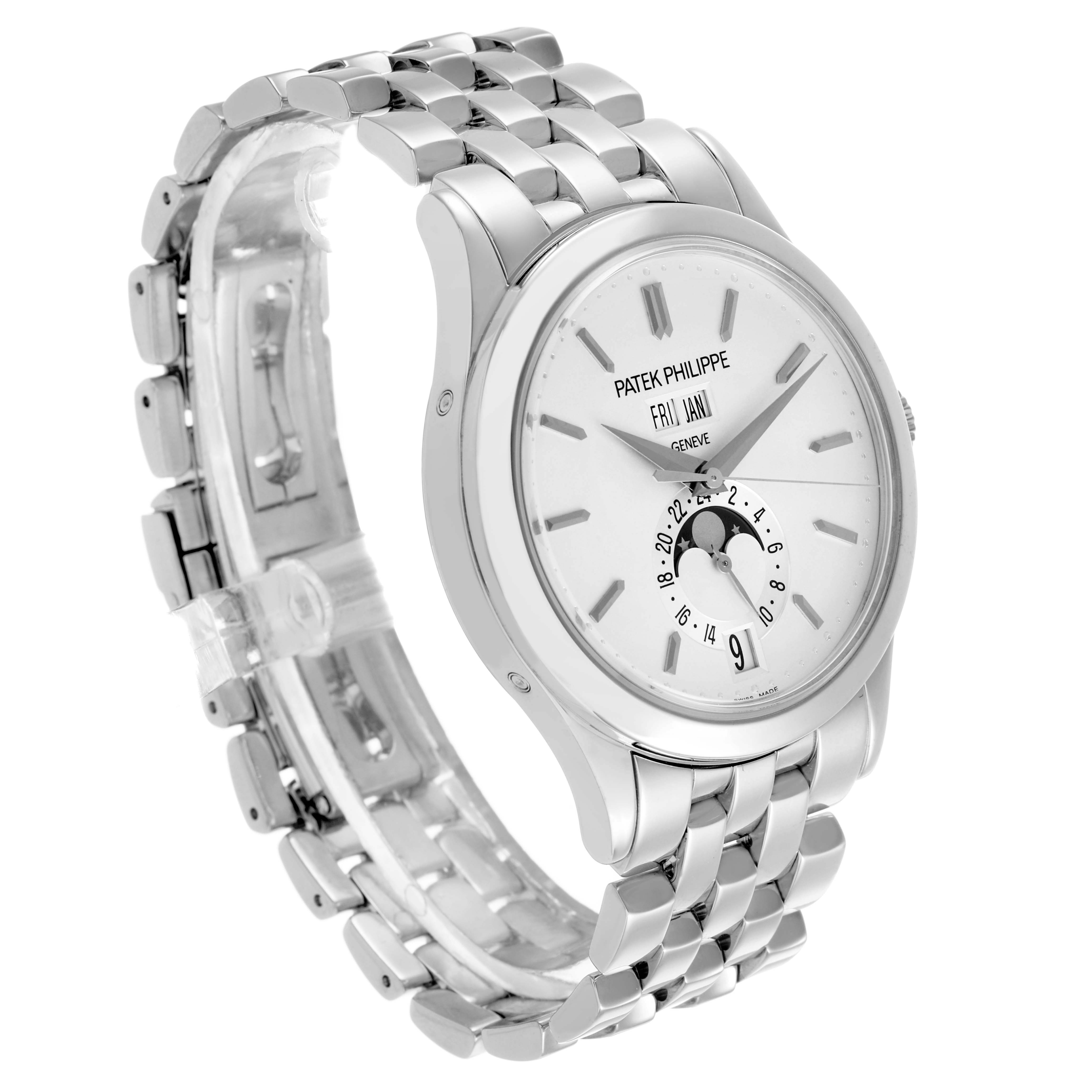 The Patek Philippe Complications 5396G Men's White Gold Silver Dial watch is shown at a three-quarter angle, displaying the face, bezel, and bracelet.