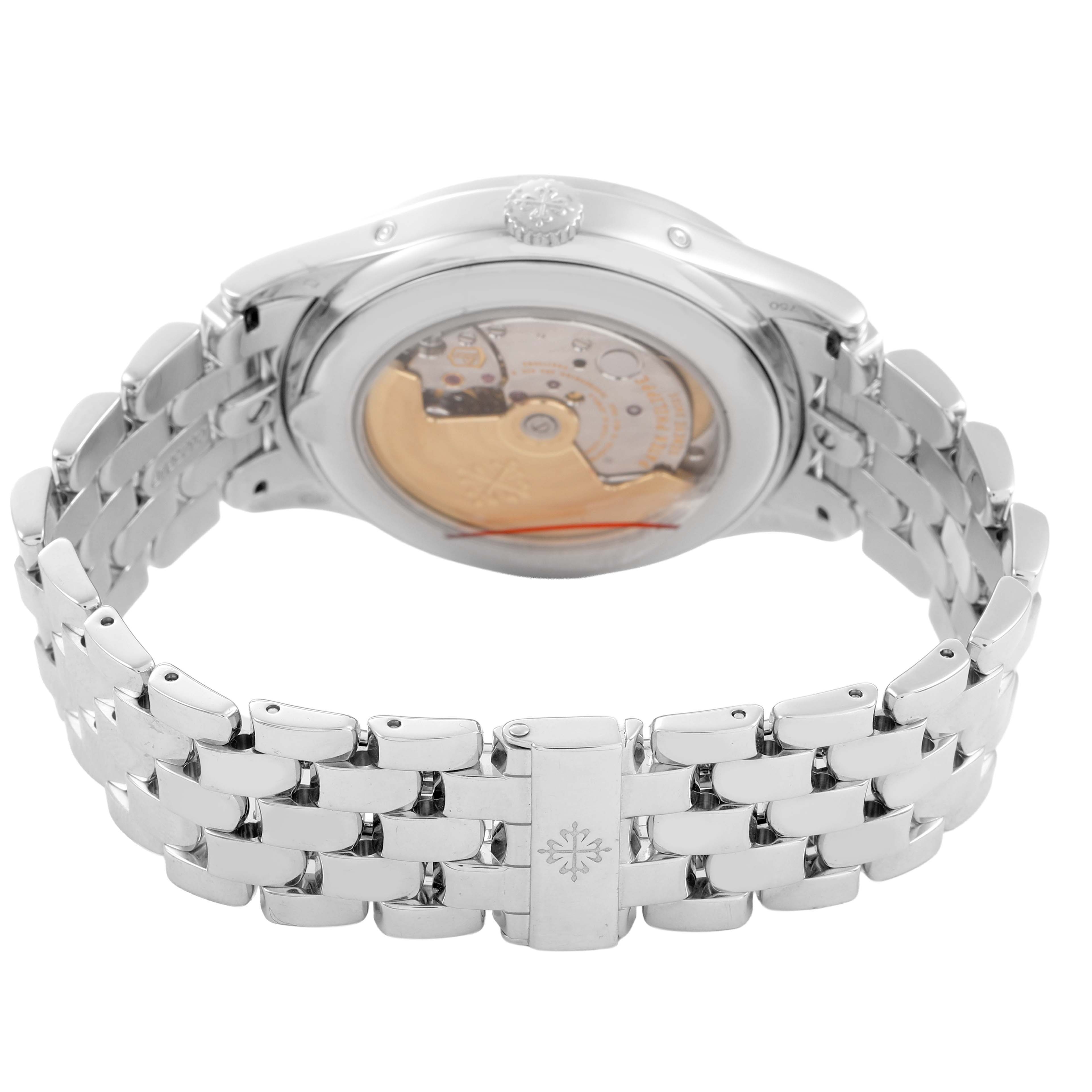 The image shows the back of the Patek Philippe Complications 5396G Men's White Gold Silver Dial watch, highlighting the transparent case back and metal bracelet.