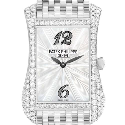 The Patek Philippe Gondolo 4972/1G-001 Women's White Gold Mother of Pearl Dial watch is shown from the front, highlighting its dial, diamond bezel, and part of the bracelet.