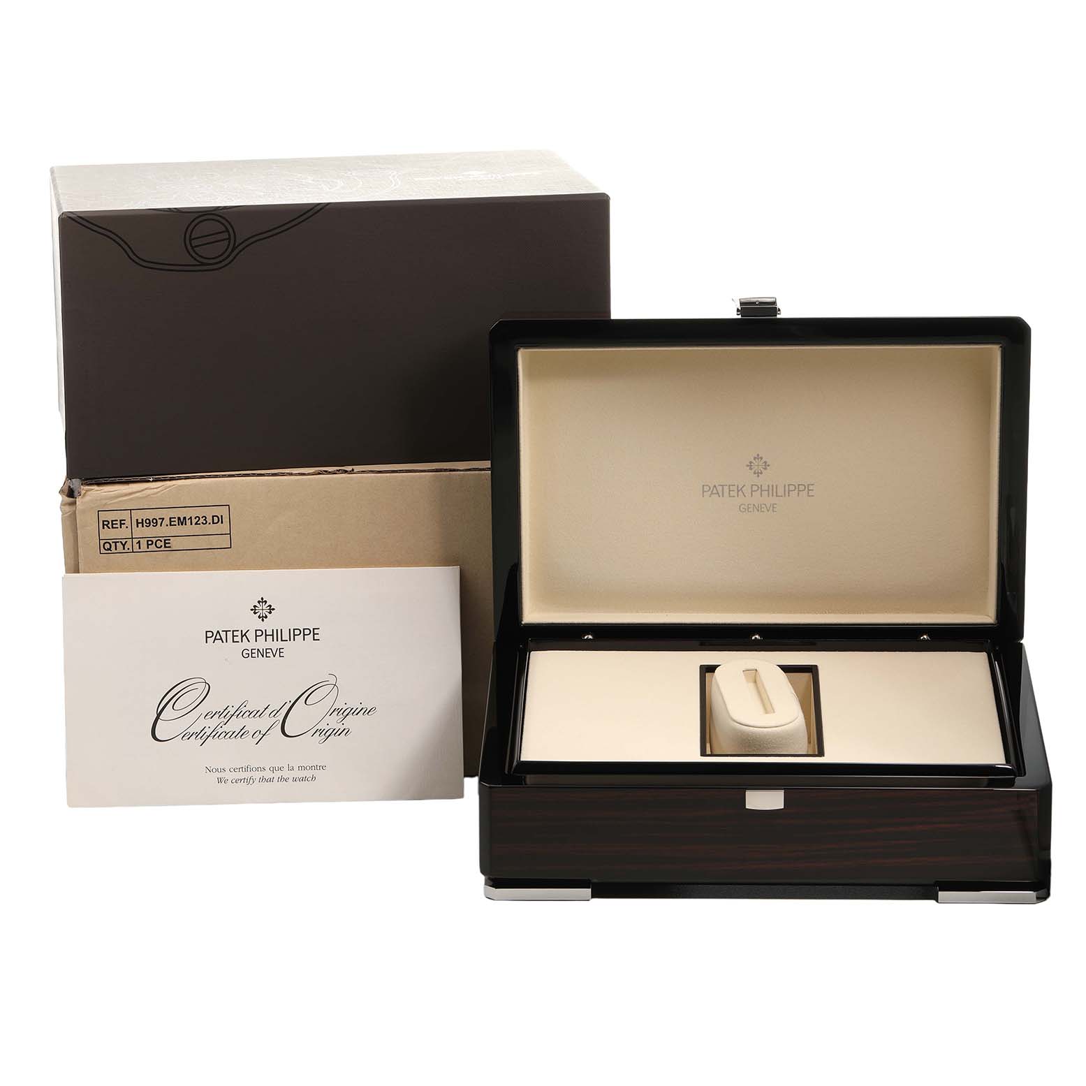 The Patek Philippe Gondolo 4972G Women's White Gold Mother of Pearl Dial watch box and certificate are shown, with the box open to reveal its beige interior.