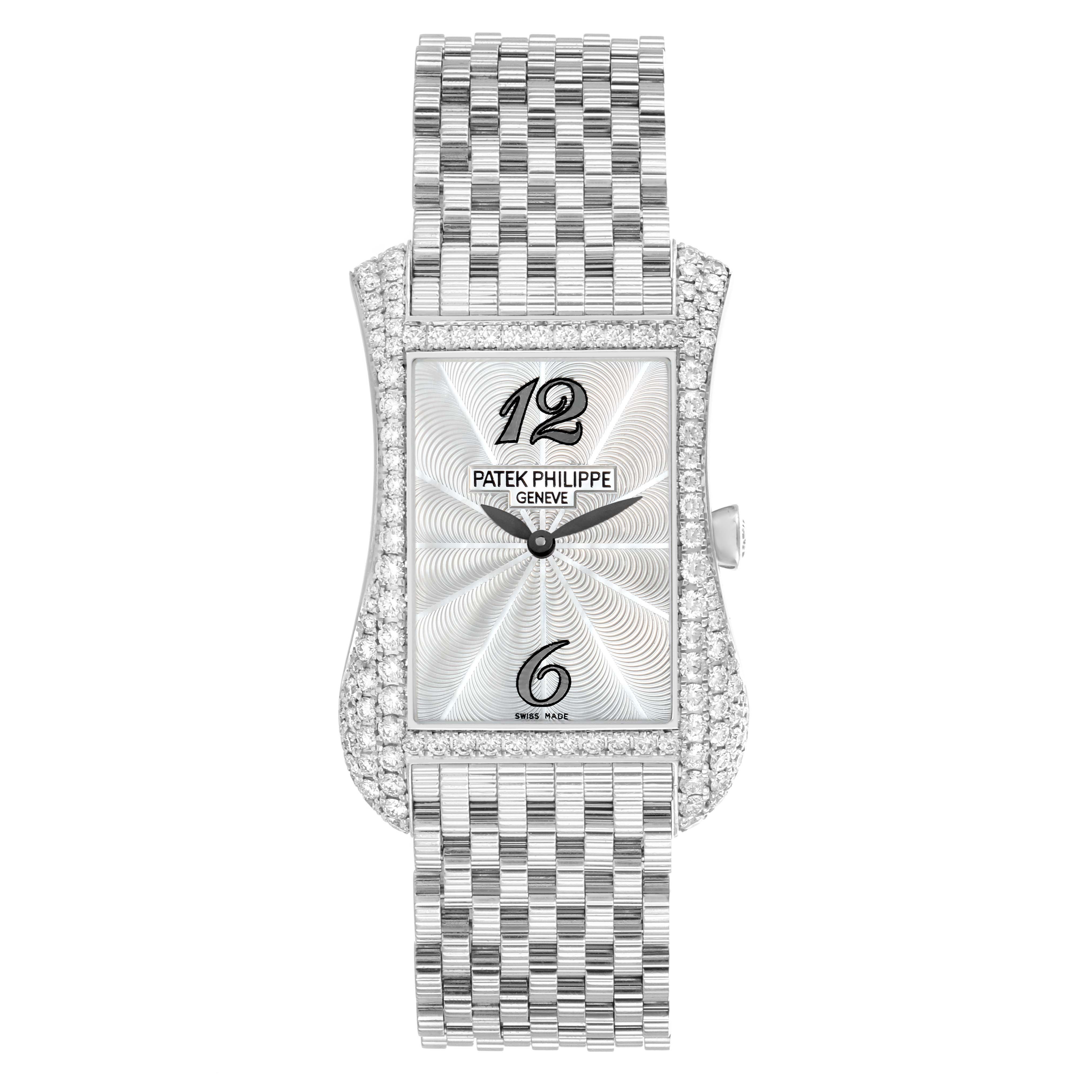 The Patek Philippe Gondolo 4972G Women's White Gold Mother of Pearl Dial watch is shown from a front angle, displaying the face, dial, case, and bracelet.