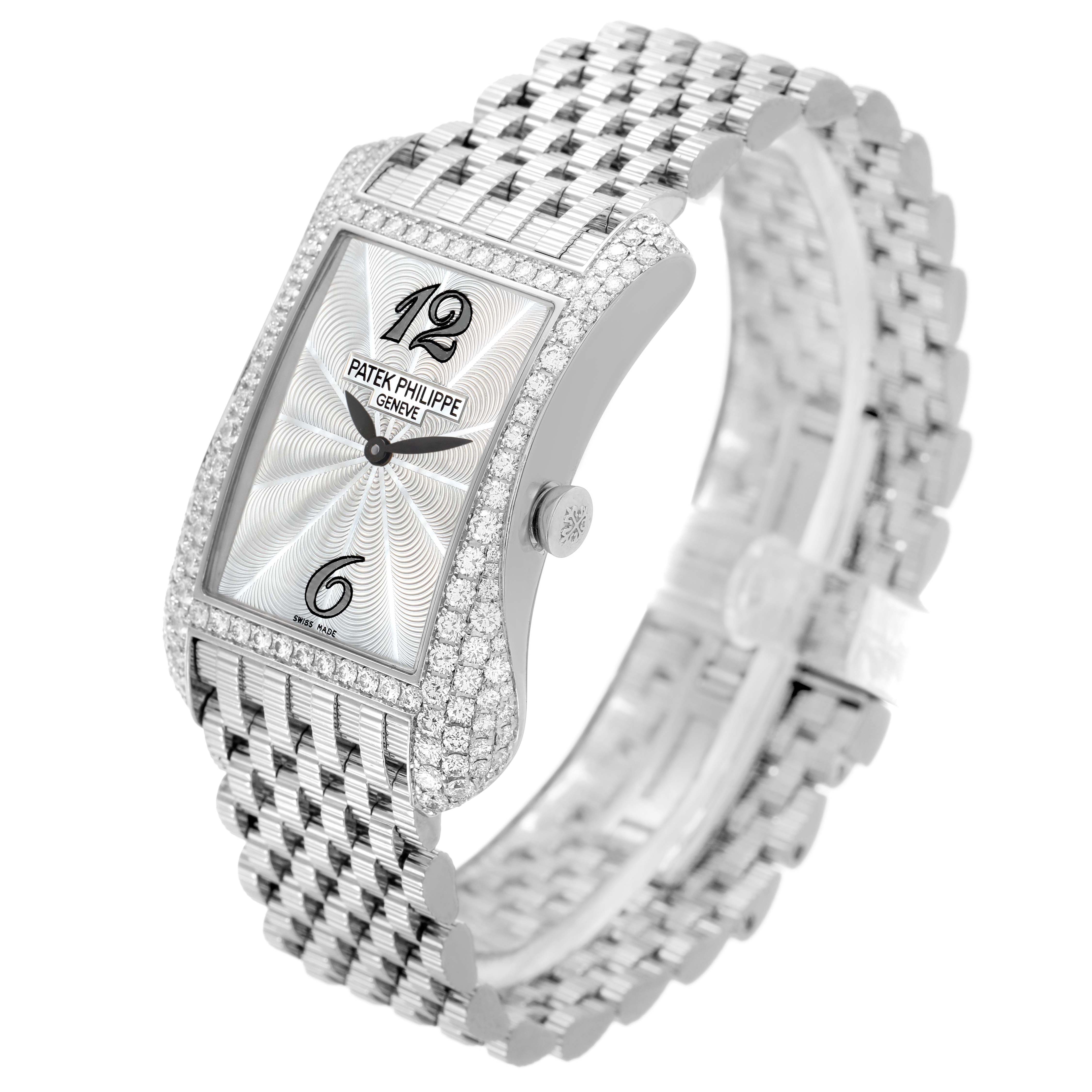 The Patek Philippe Gondolo 4972G Women's White Gold Mother of Pearl Dial watch is shown angled slightly from the side, highlighting its face, bezel, and bracelet.