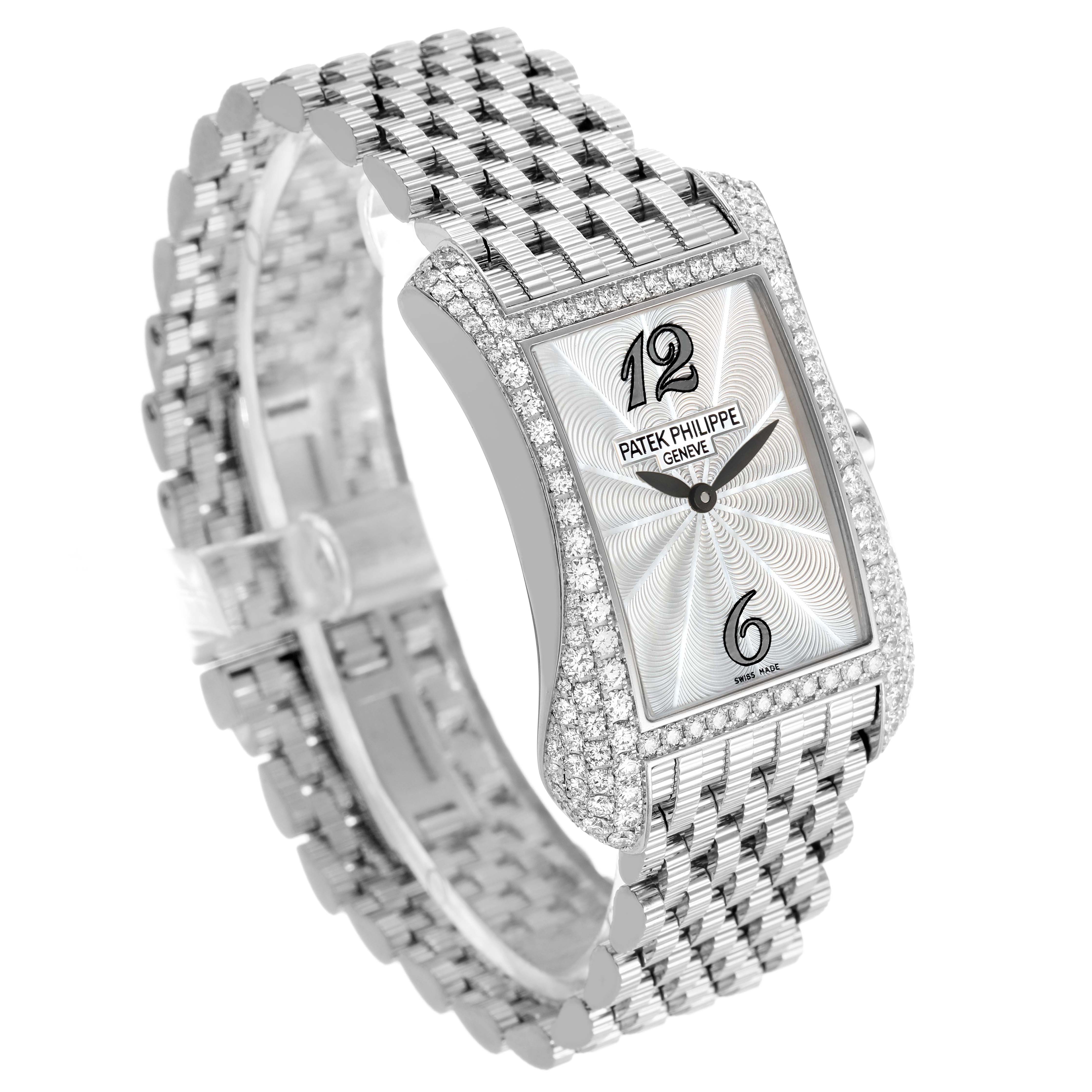 The Patek Philippe Gondolo 4972G Women's White Gold Mother of Pearl Dial watch is shown at a three-quarter angle, highlighting its diamond-set bezel, dial, and bracelet.
