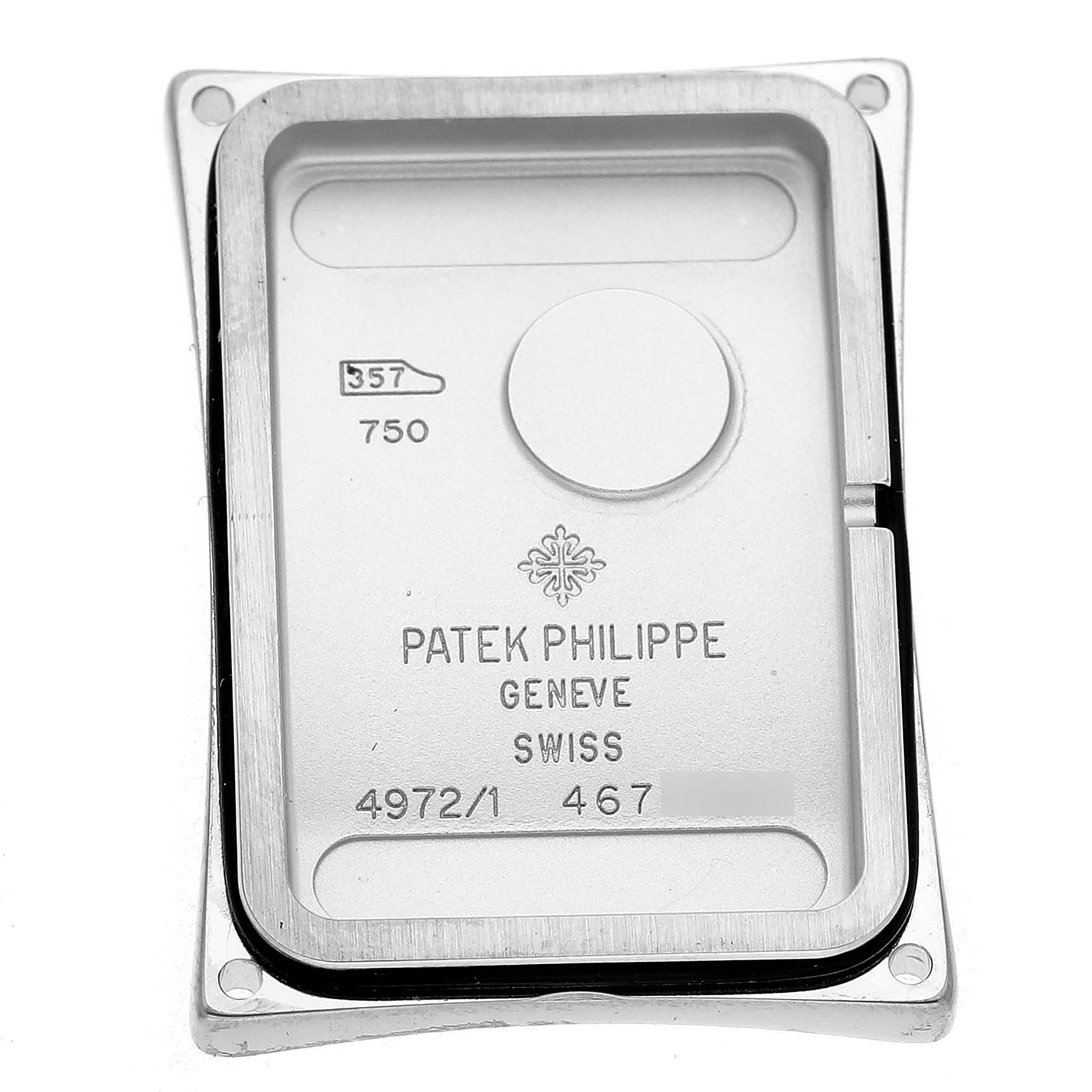 The image shows the back cover of a Patek Philippe Gondolo 4972G Women's White Gold Mother of Pearl Dial watch, showcasing engravings and markings.