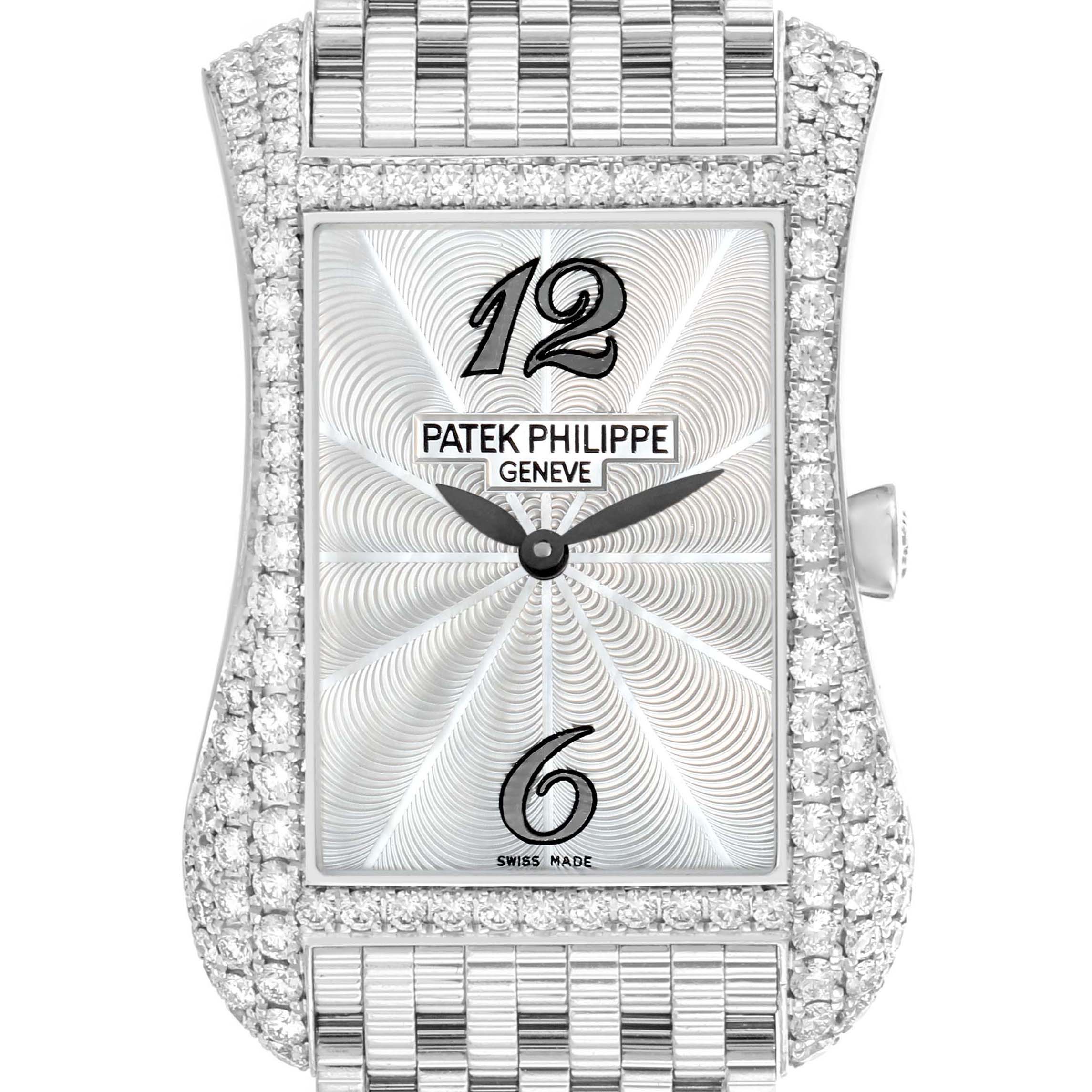 The Patek Philippe Gondolo 4972G Women's White Gold Mother of Pearl Dial watch is shown from the front, highlighting the detailed dial, diamond bezel, and part of the bracelet.