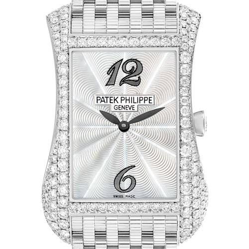 The Patek Philippe Gondolo 4972G Women's White Gold Mother of Pearl Dial watch is shown from the front, highlighting its intricate dial and diamond-encrusted case and bracelet.