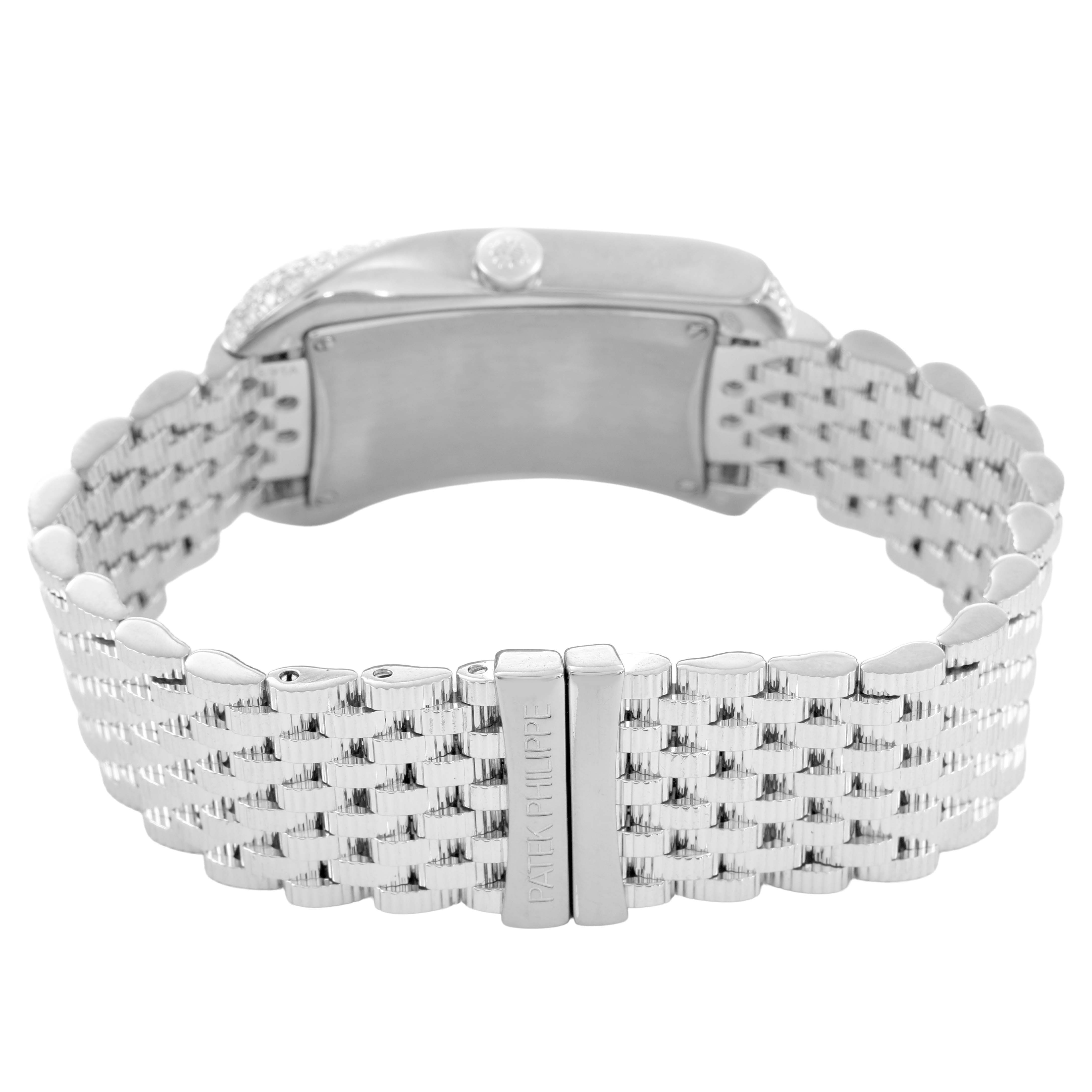 The image shows the bracelet and clasp of a Patek Philippe Gondolo 4972G Women's White Gold Mother of Pearl Dial watch, viewed from the back.