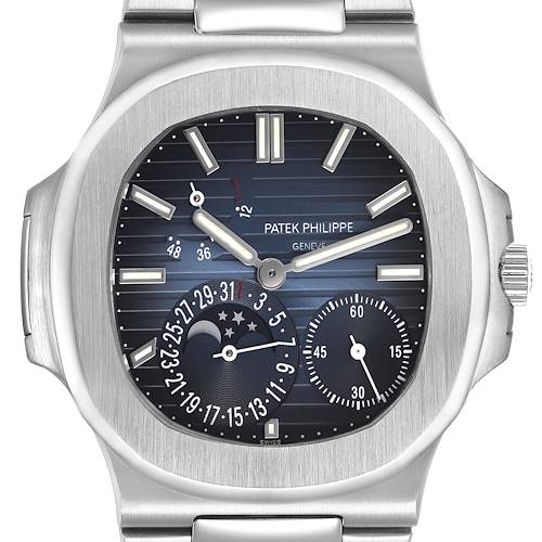 The image shows a front view of a Patek Philippe Nautilus 5712A Men's Stainless Steel Blue Dial watch, highlighting its dial, hour markers, and complications.