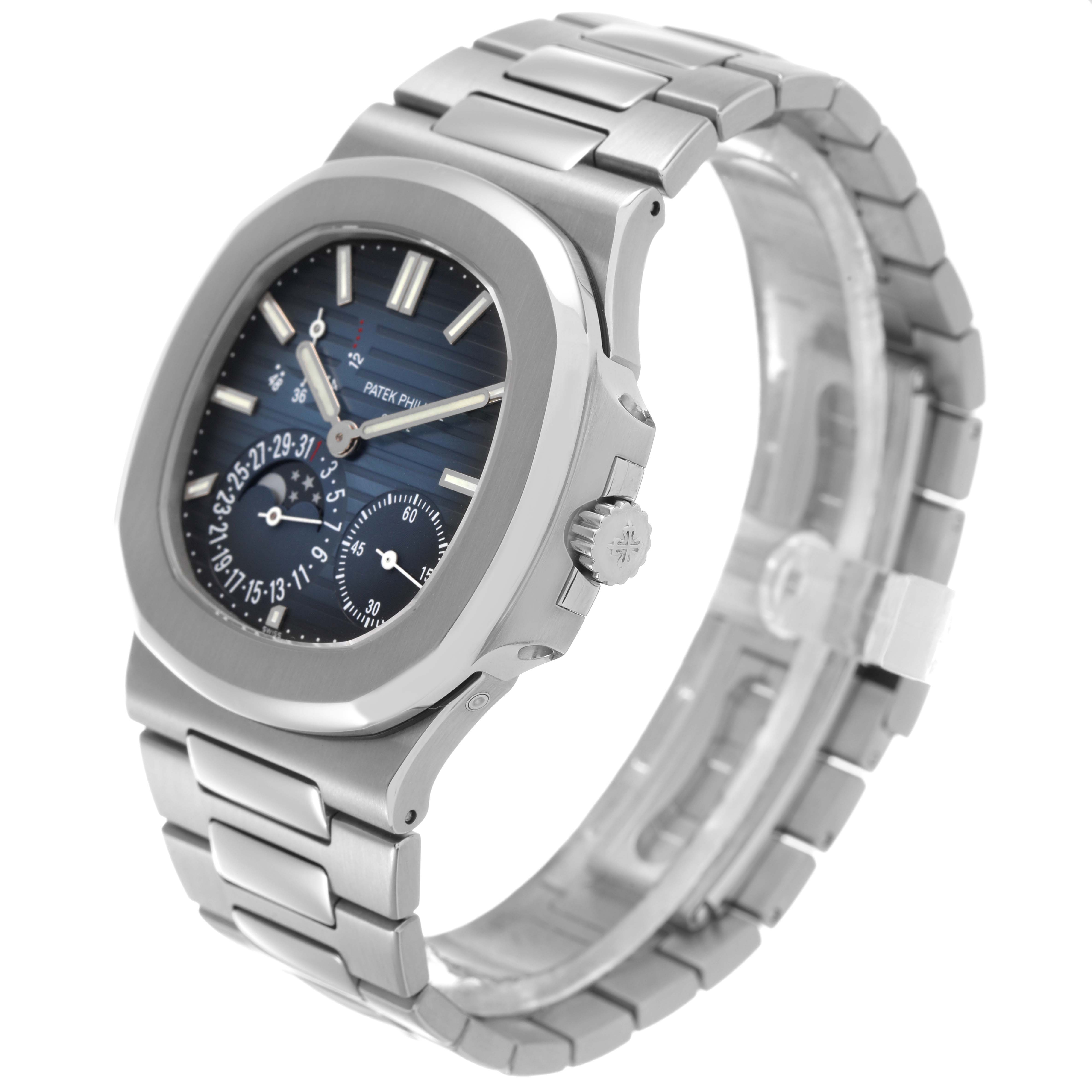 The image shows a side and top view of the Patek Philippe Nautilus 5712A Men's Stainless Steel Blue Dial watch, highlighting its face, crown, and bracelet.