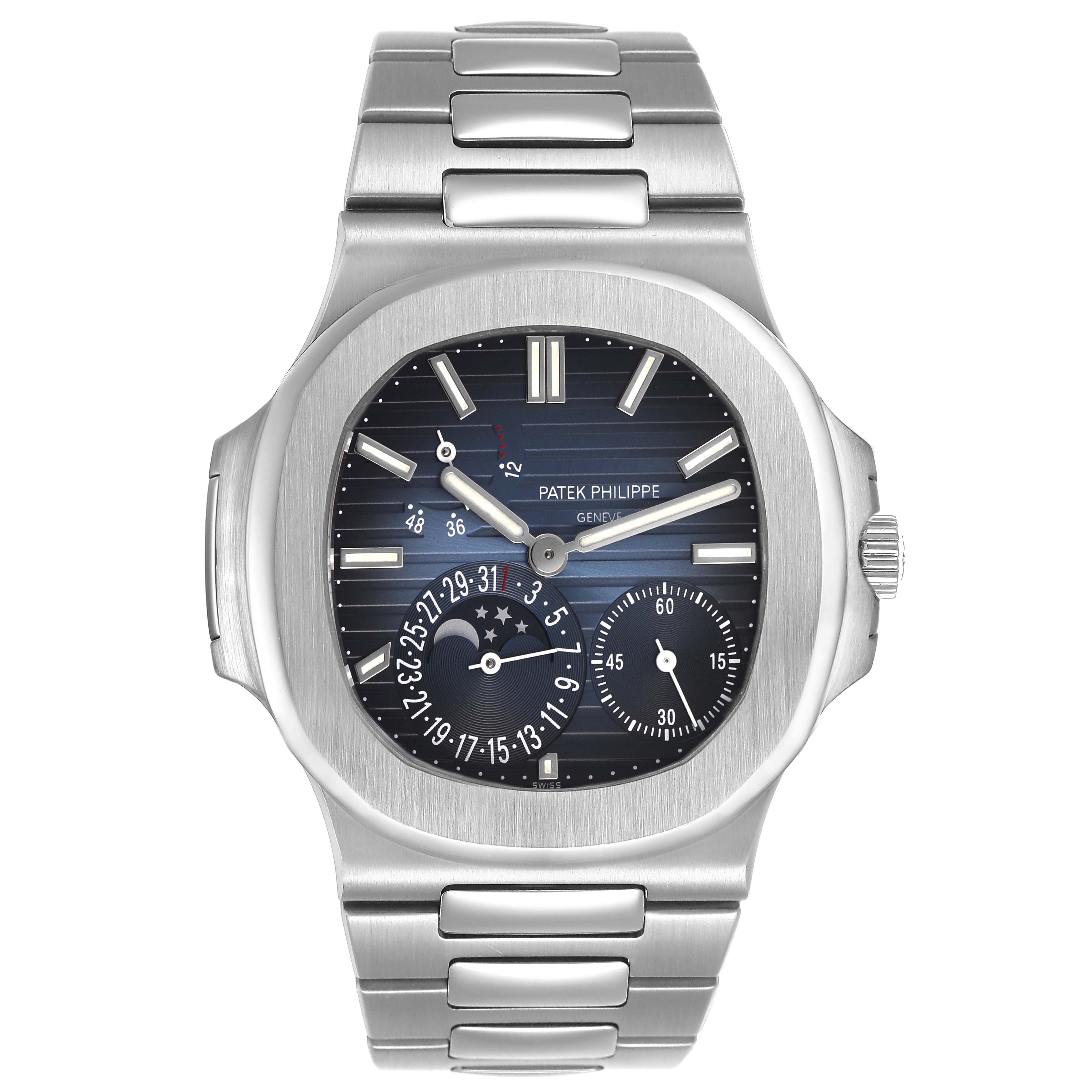The Patek Philippe Nautilus 5712A Men's Stainless Steel Blue Dial watch is shown from a front angle, displaying its dial, case, and bracelet.