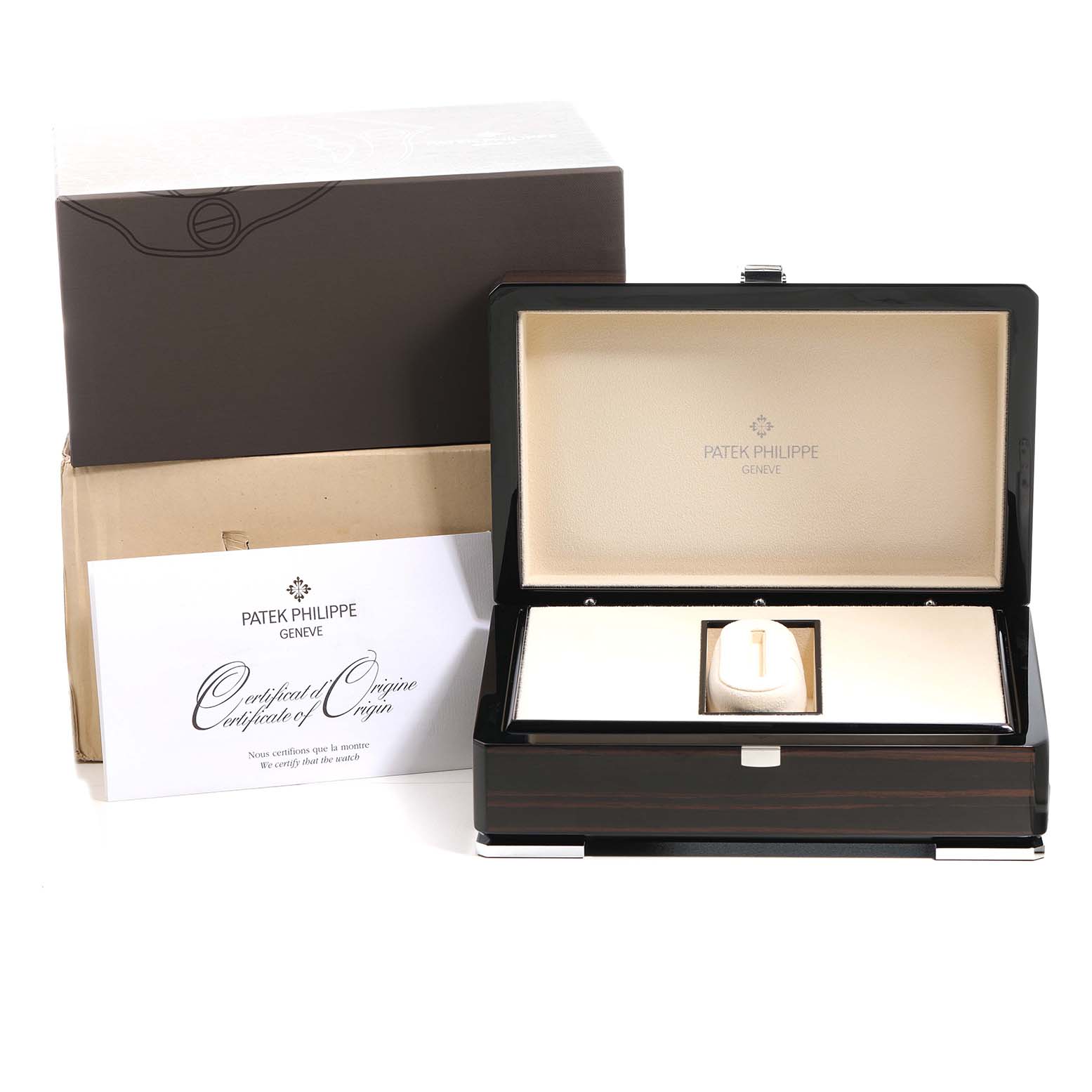 The image shows a Patek Philippe Nautilus 5712A Men's Stainless Steel Blue Dial display box with a certificate of origin, emphasizing the packaging and branding.