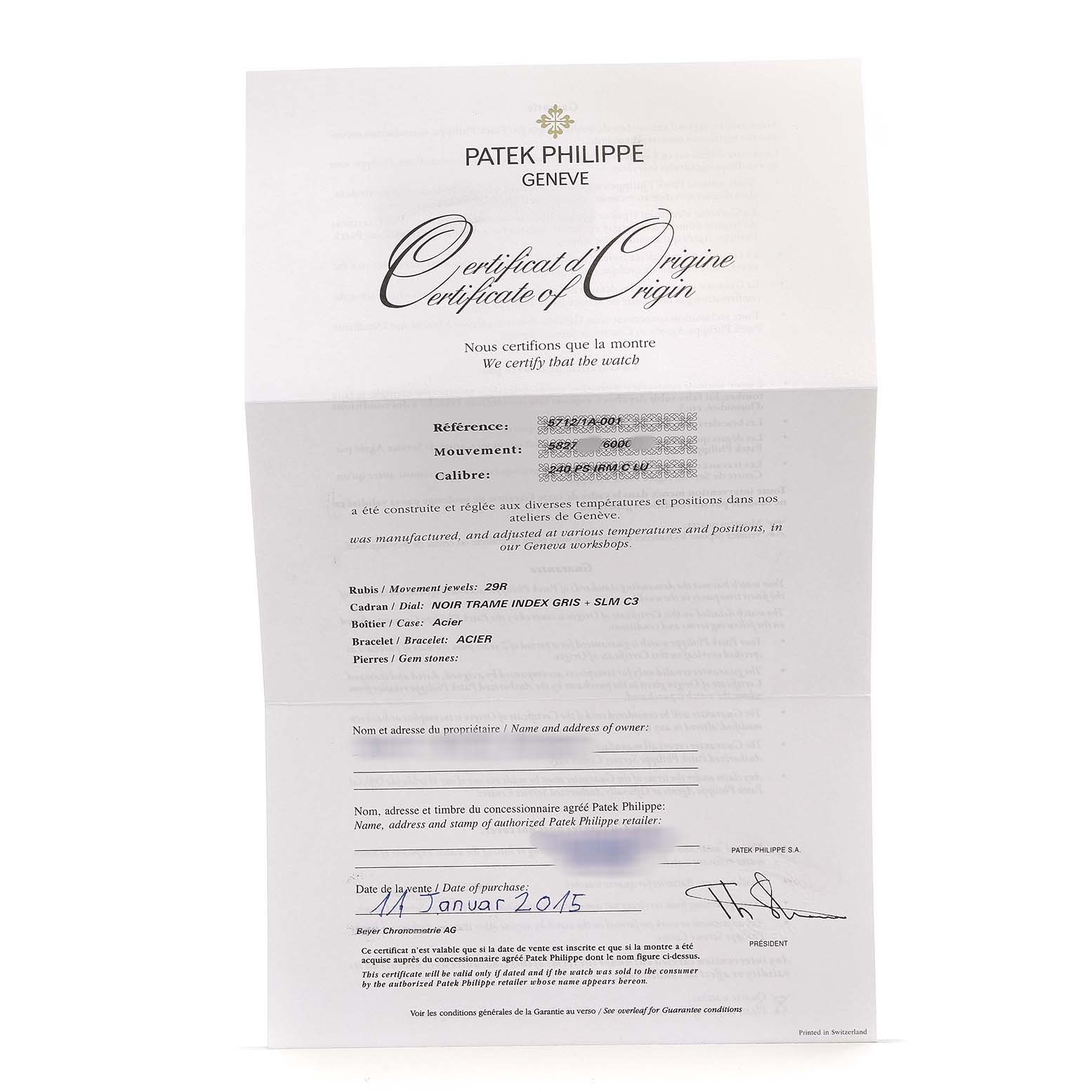 The image shows a Certificate of Origin for the Patek Philippe Nautilus 5712A Men's Stainless Steel Blue Dial watch, displayed flat and fully open.