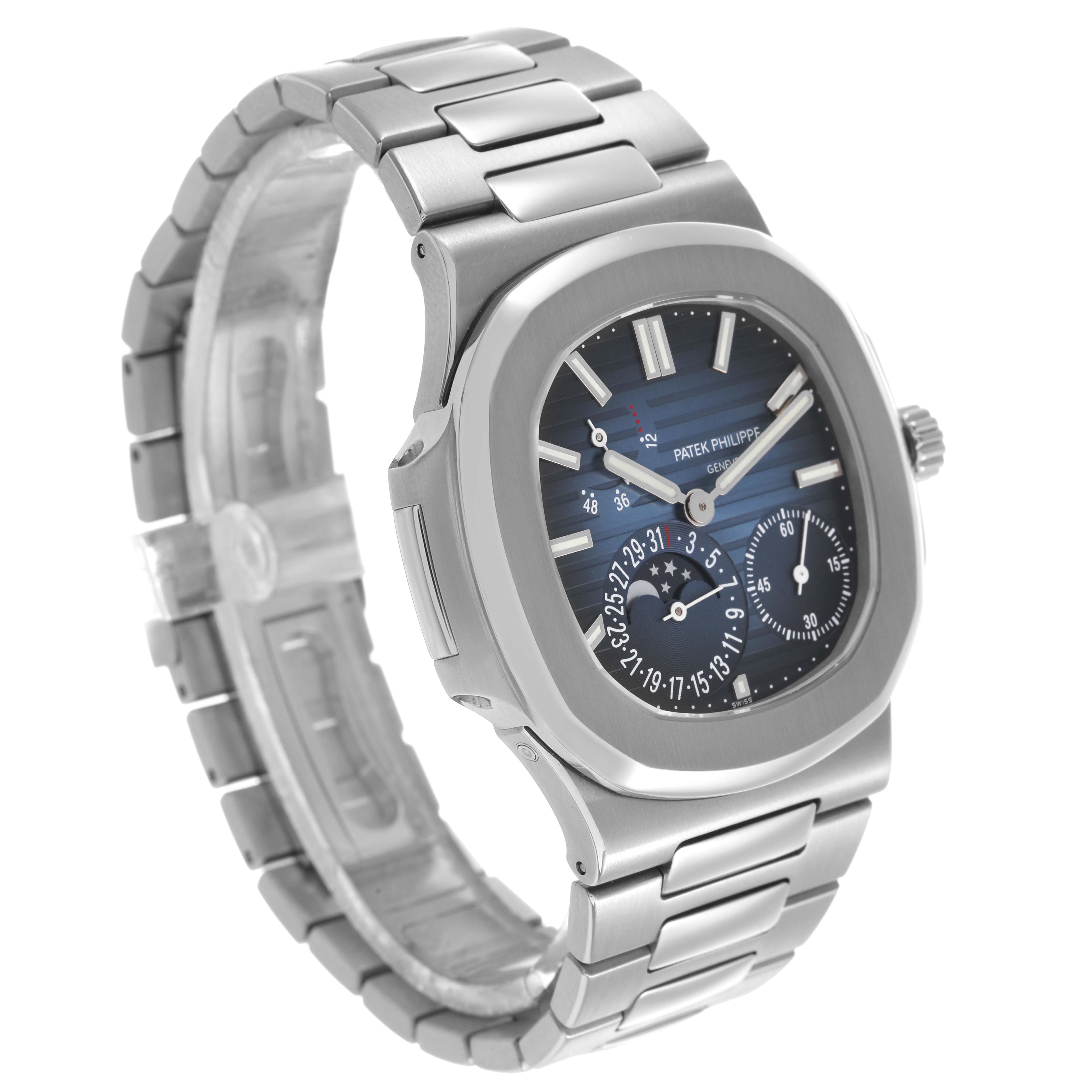 The Patek Philippe Nautilus 5712A Men's Stainless Steel Blue Dial watch is shown at a three-quarter angle, highlighting the case, dial, and bracelet.