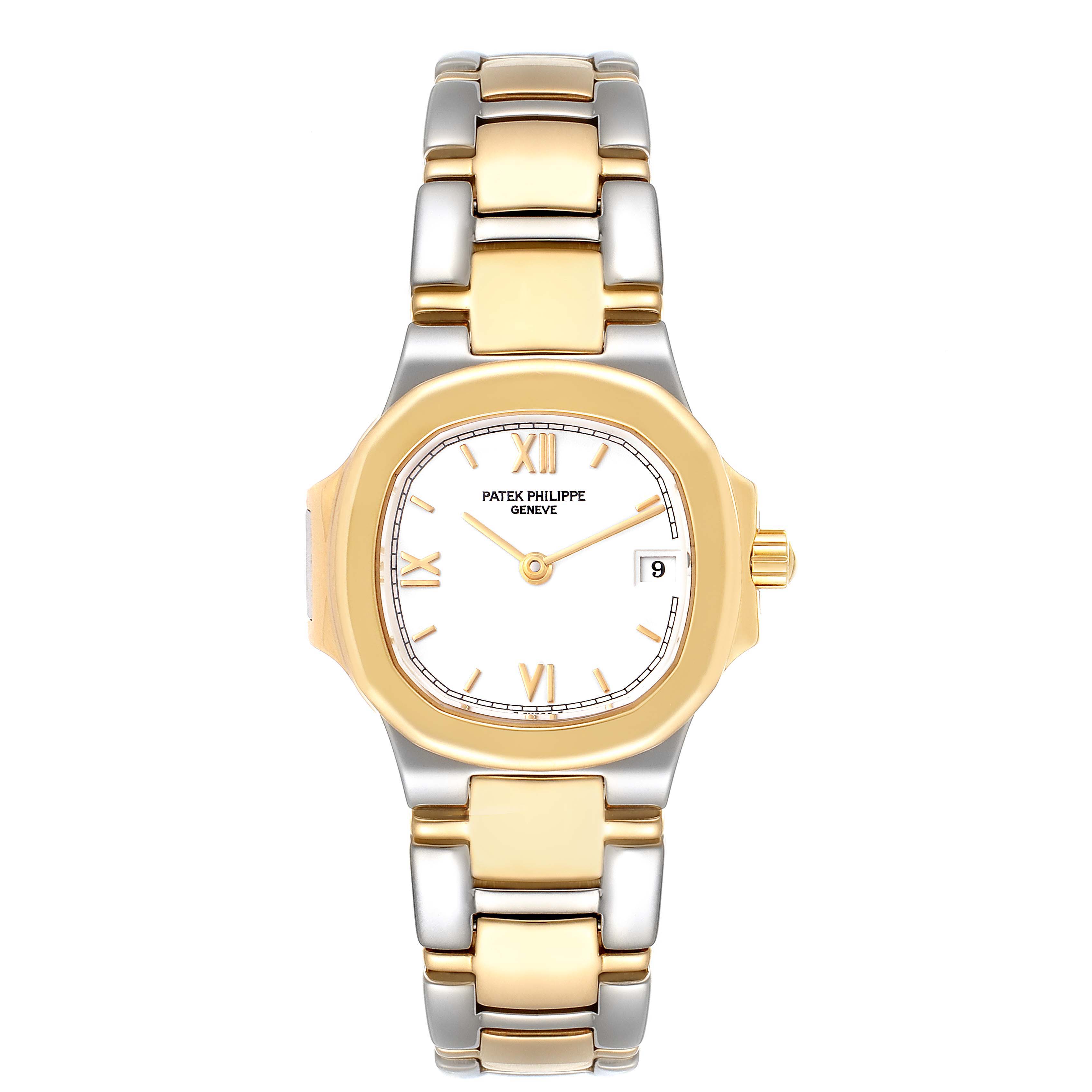 The image shows a Patek Philippe Nautilus 4700 Women's Steel and Gold (two tone) White Dial 4700 Women's Steel and Gold (two tone) White Dial watch from the front, highlighting its mixed metal bracelet, golden bezel, and white dial.