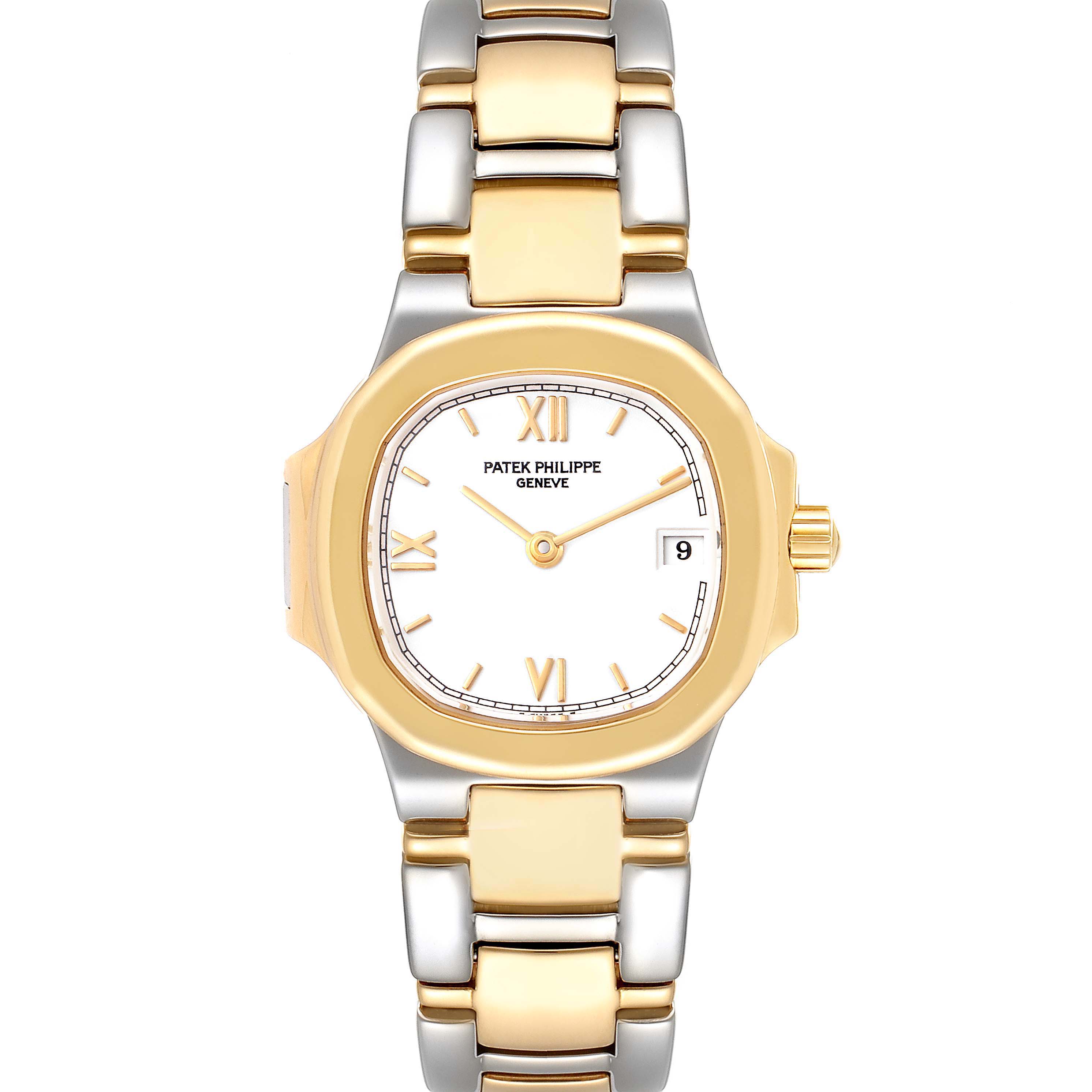 The image shows a front view of the Patek Philippe Nautilus 4700 Women's Steel and Gold (two tone) White Dial 4700 Women's Steel and Gold (two tone) White Dial watch displaying its dial and two-tone bracelet.