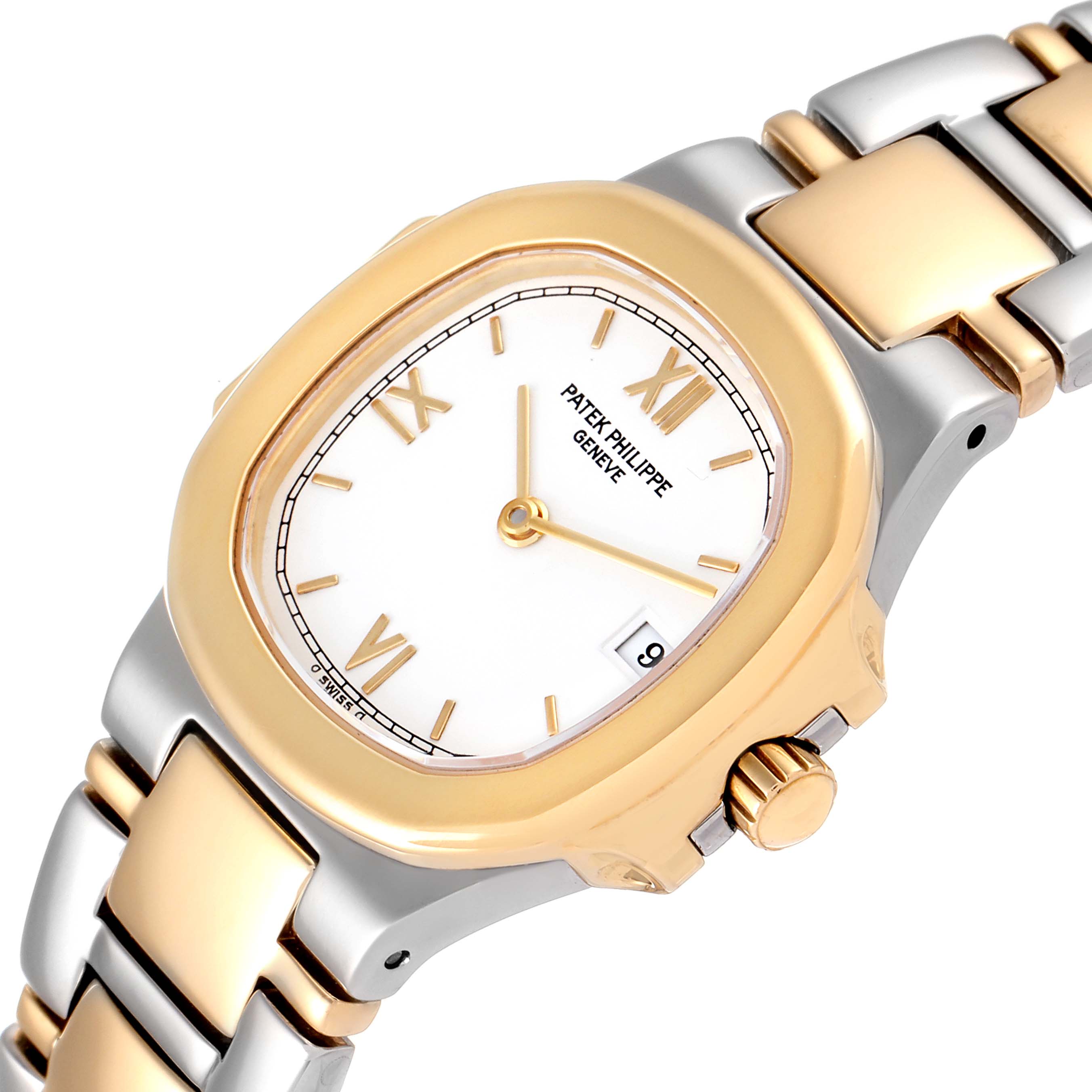 This image shows a close-up angle of the Patek Philippe Nautilus 4700 Women's Steel and Gold (two tone) White Dial 4700 Women's Steel and Gold (two tone) White Dial watch, featuring its face, bezel, and part of the strap.